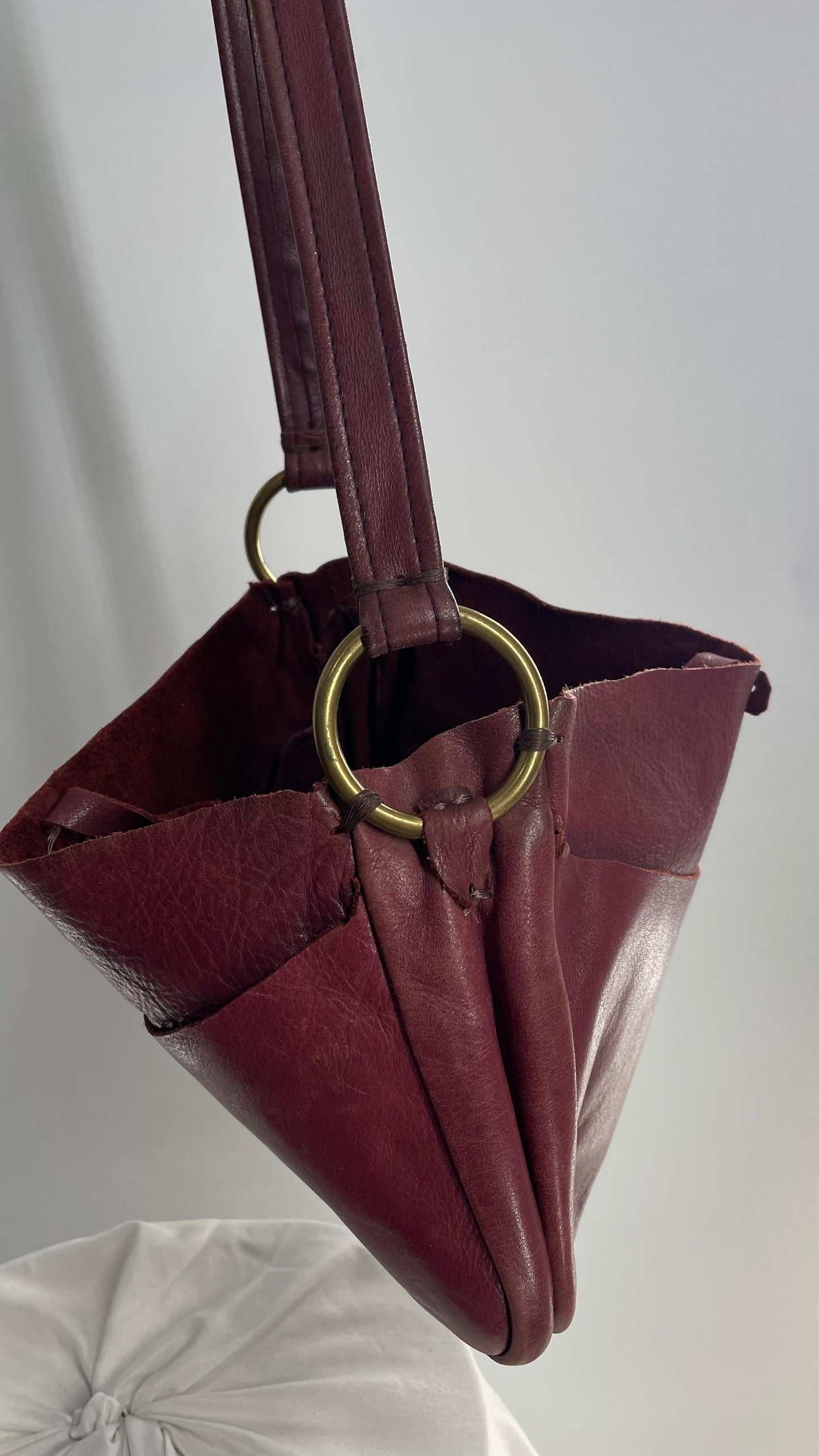 Vintage Burgundy Leather Saddle Bag with Gold Hardware