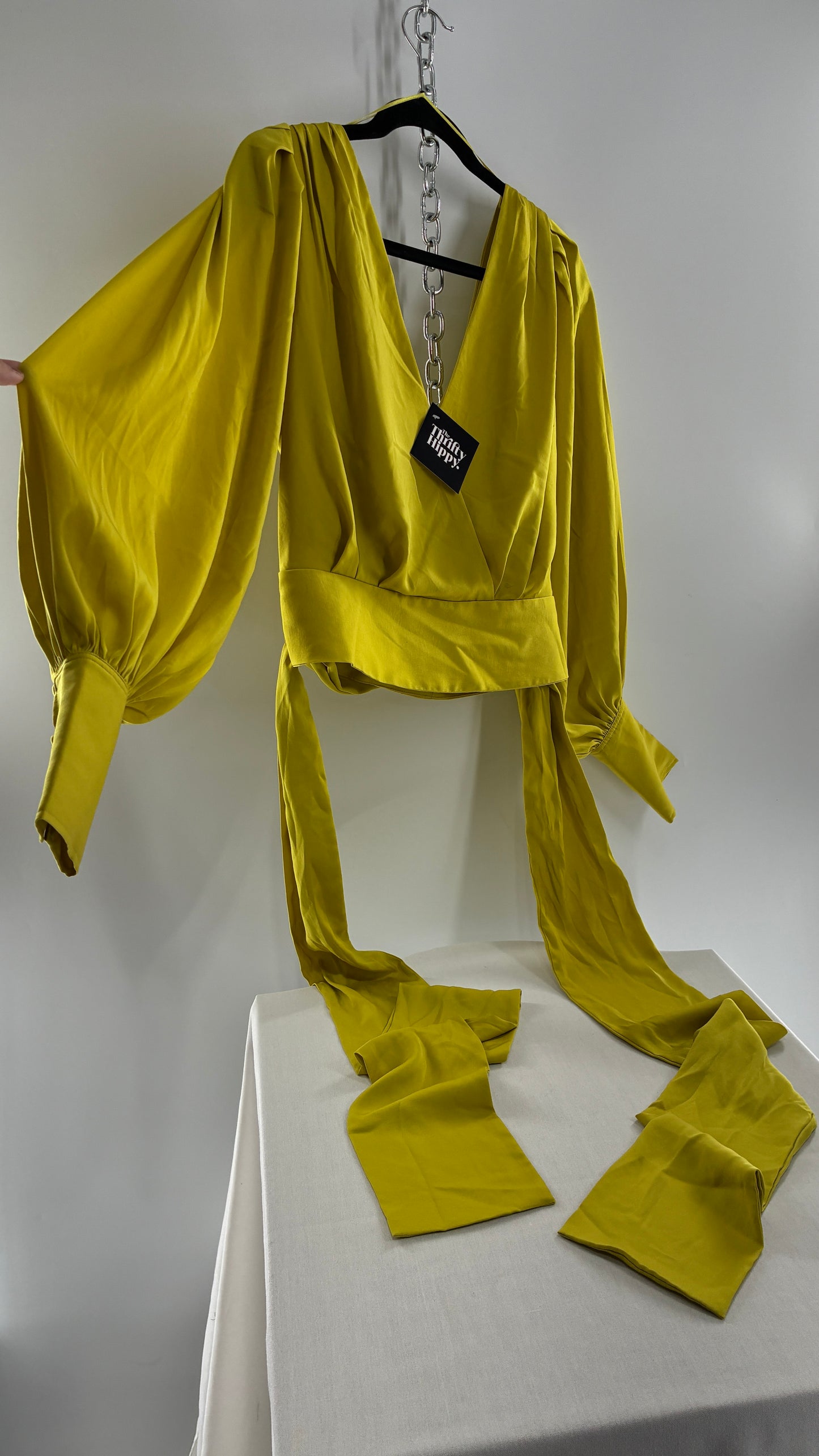 BANANA REPUBLIC Balloon Sleeve Chartreuse Green Wrap Around Blouse (10)