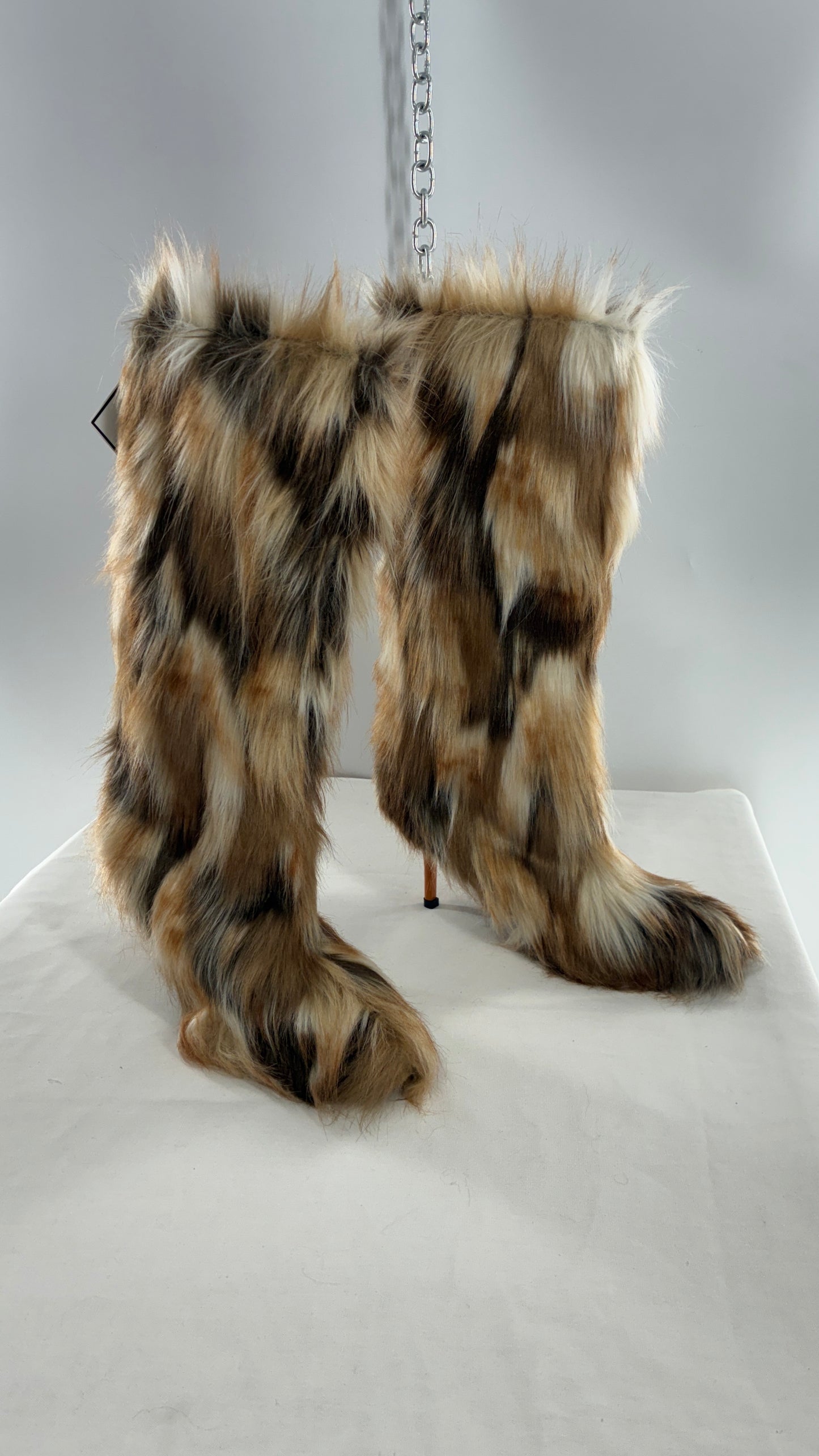 Vintage Mixed Tone Vegan Fur, Knee High, Pointed Toe Boots (43)