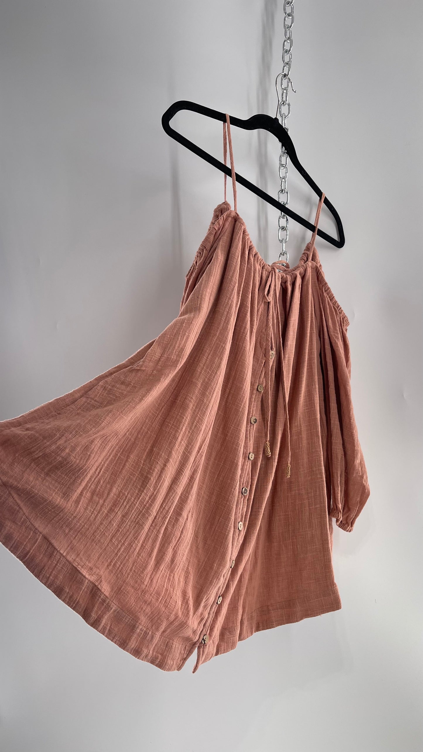 Free People Peachy Pink Coral Off the Shoulder 100% Cotton Voluminous Button Front Blouse (Small)