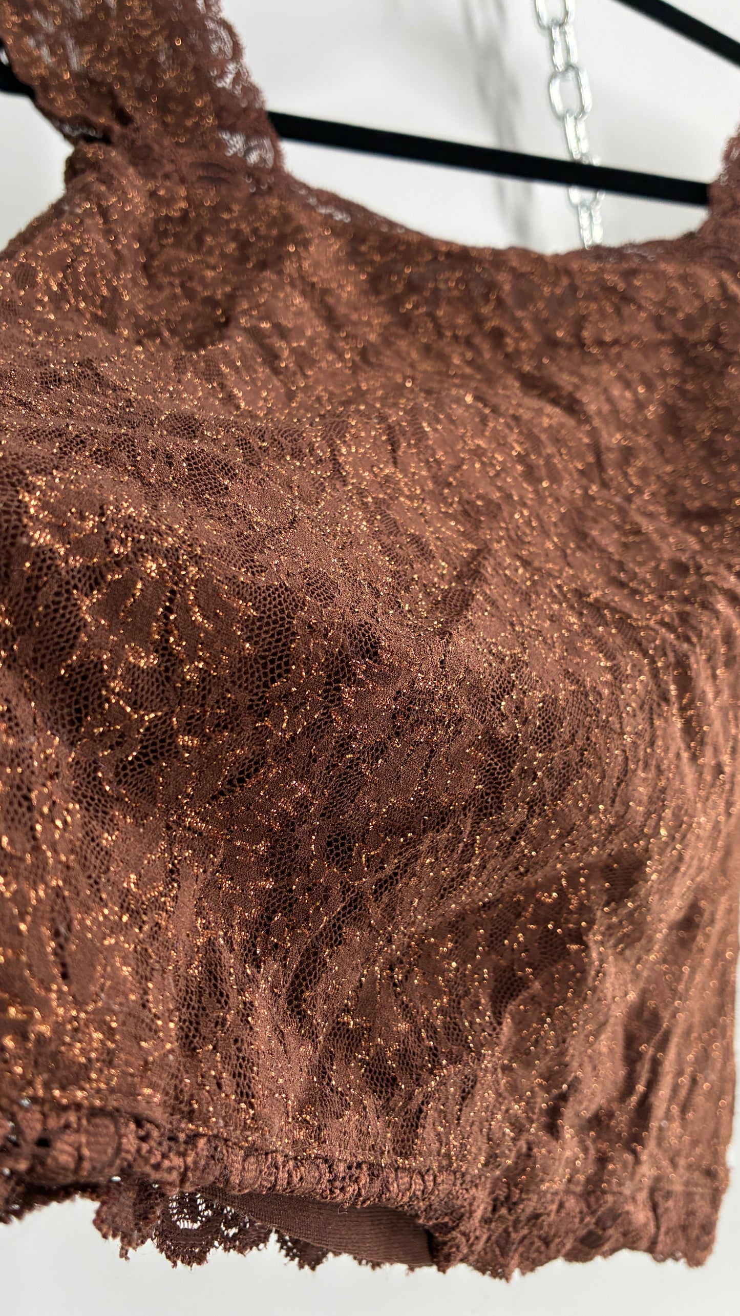 Vintage 1990s Brown Gold Tinsel Lace Straight Neckline Top (M)