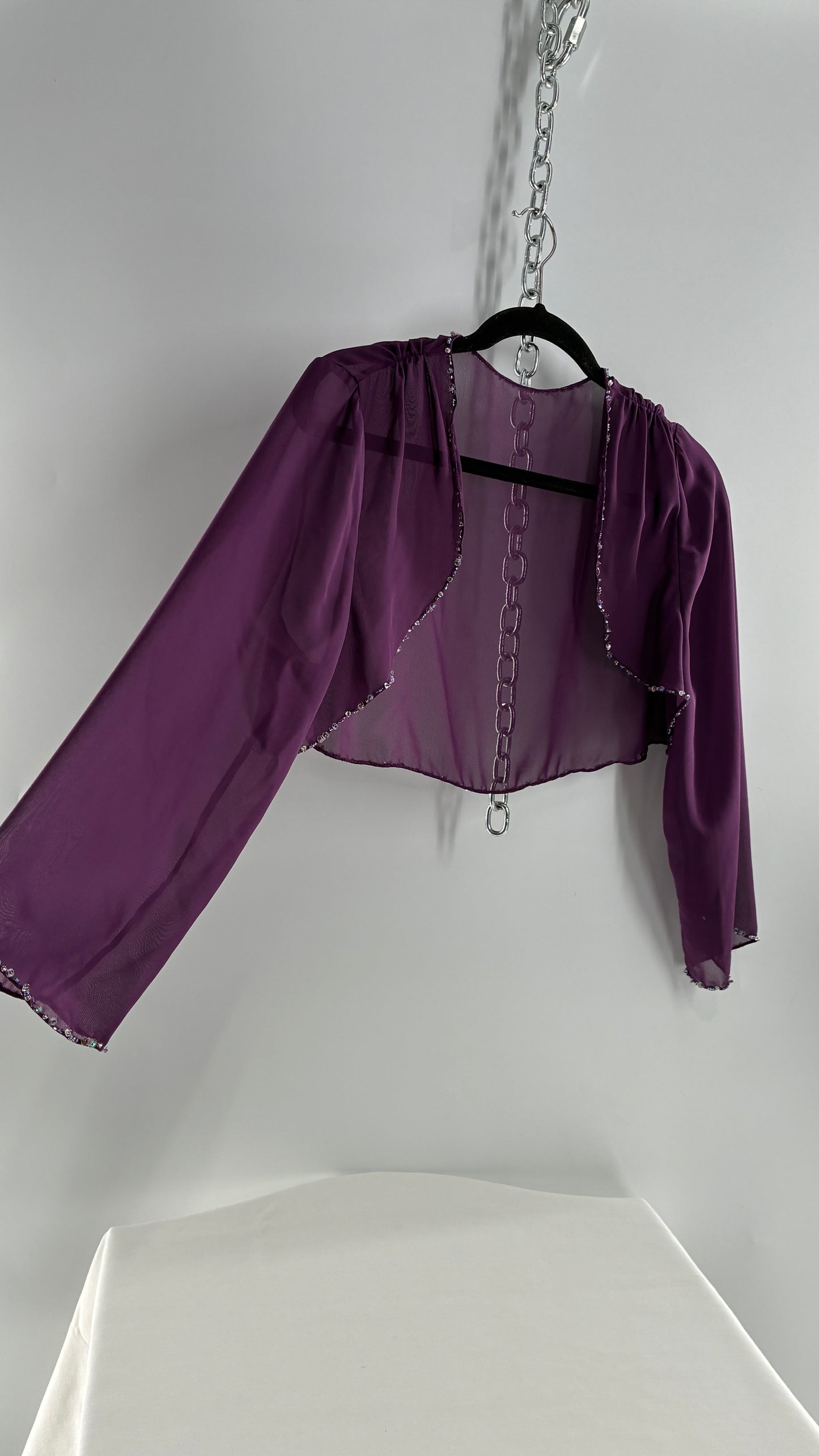Vintage 1990s Purple Sheer Shrug with Iridescent Beaded Cuffs and Hem (M/L)