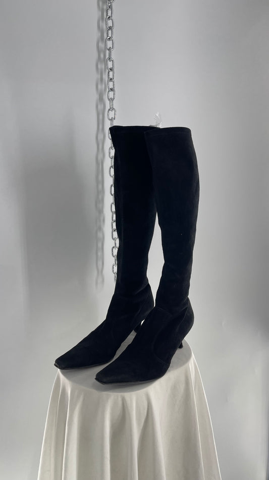 Vintage 1990s Stuart Weitzman Black Suede Leather Kitten Heel Pointed Toe Knee Highs (8.5)