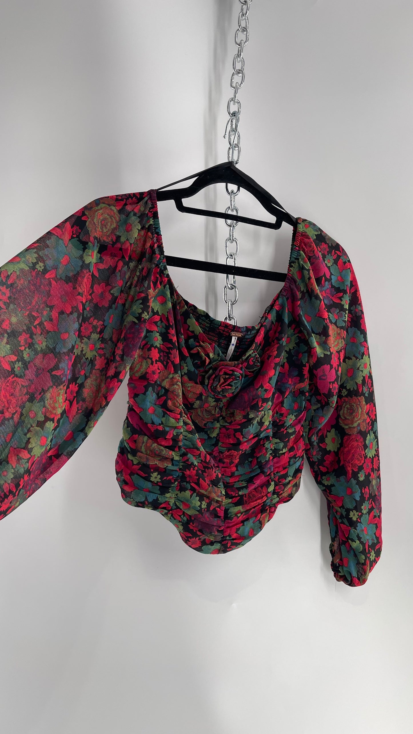 Free People Cropped Floral Blouse with Ruched Body, Balloon Sleeves and Appliqué Rosette Bustline with Tags Attached (Small)