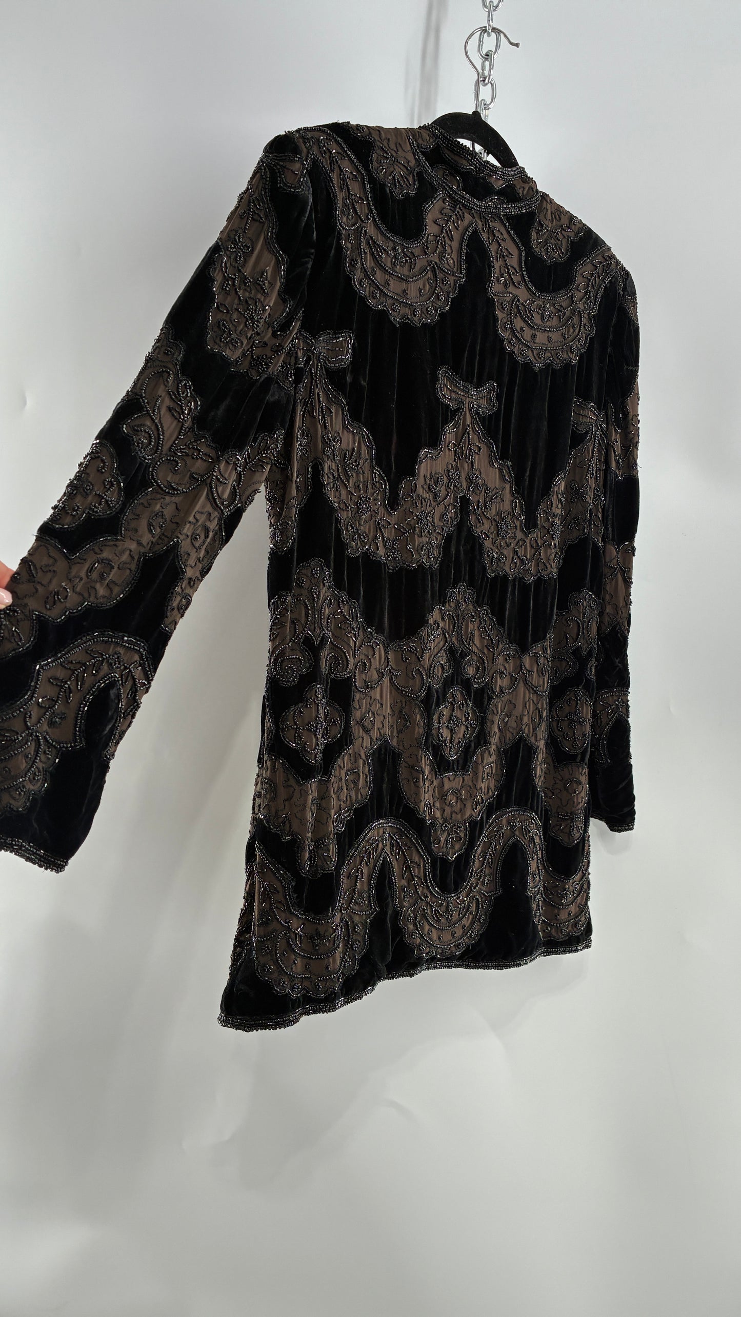 Vintage OLEG CASINI 100% Silk Velour Heavily Beaded Coat (Medium)