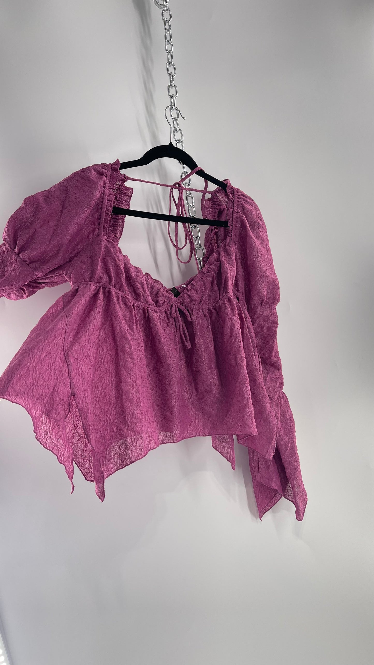 Urban Outfitters Purple Lace Blouse with Handkerchief Slit Hem, Princess Fairy Sleeves, Ruffle Trim Bust and Low Back (Large)