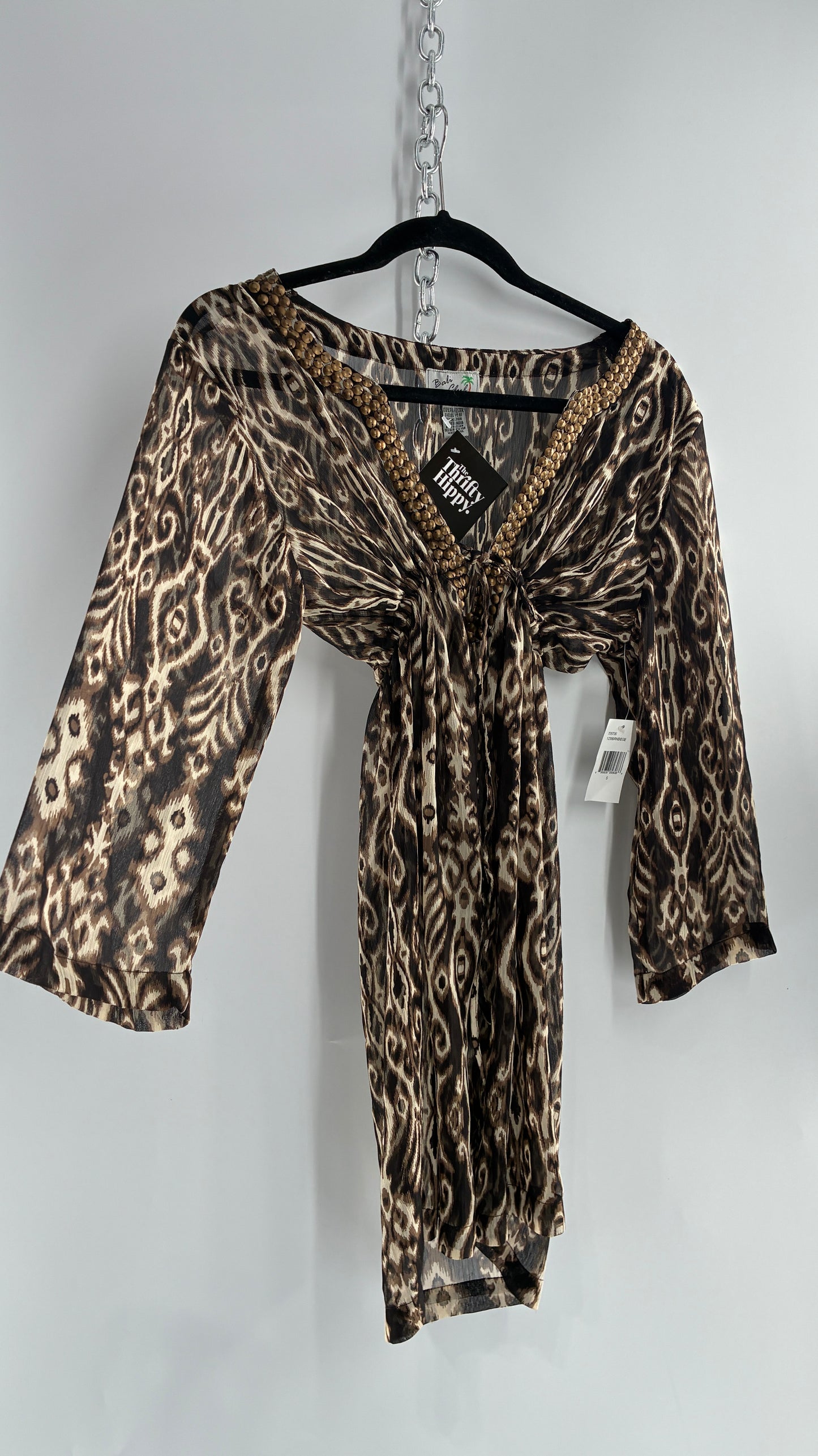 Deadstock Vintage BALI CLUB Animal Print Sheer Mini Dress Blouse with Underbust Cinching and Bronze Studs (Small)