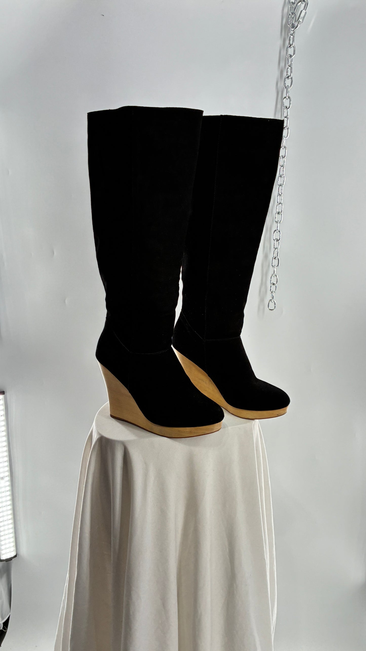 Vintage Black Genuine Suede Leather Knee High Boots with Skinny Wooden Wedge Heel (9)