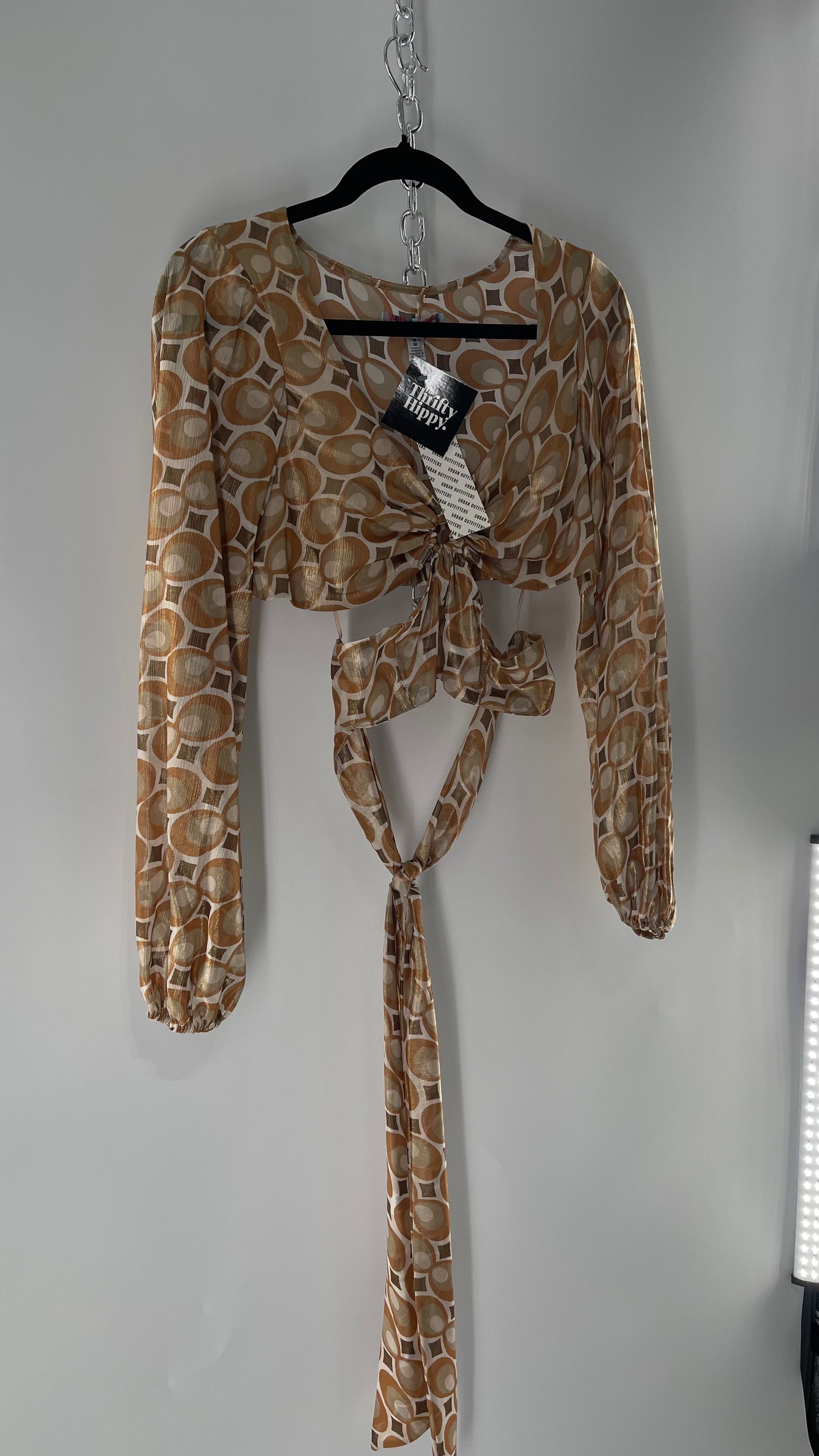Urban Outfitters Shimmer Top Balloon Sleeve Gold Retro Print Cut Out Tie Around Blouse (Medium)