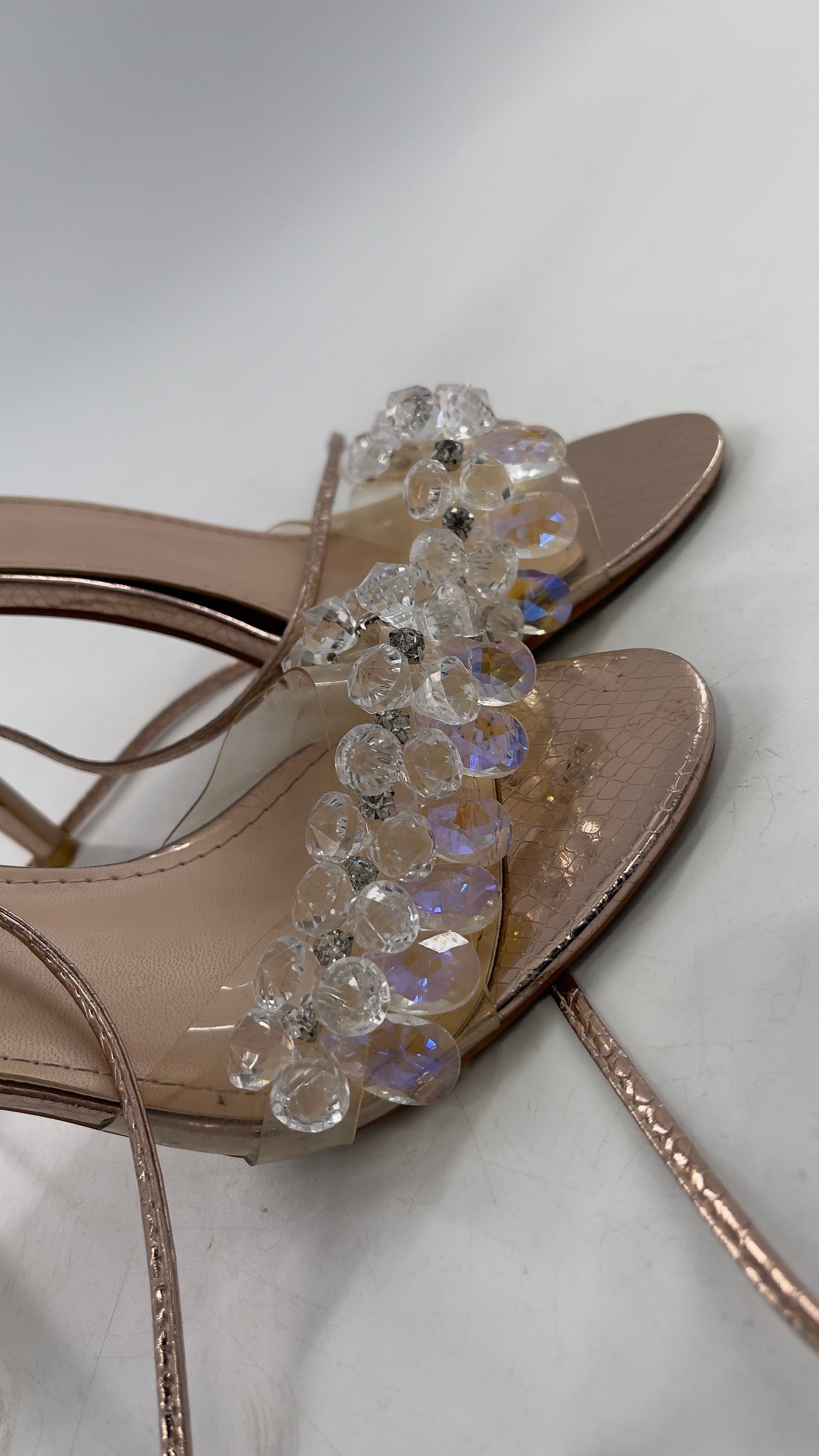 SIMMI LONDON Rose Gold Textured Heels with Clear Toe Strap Covered in Rhinestones/ Crystal Pendants and Tie Up Ankle Straps (7)