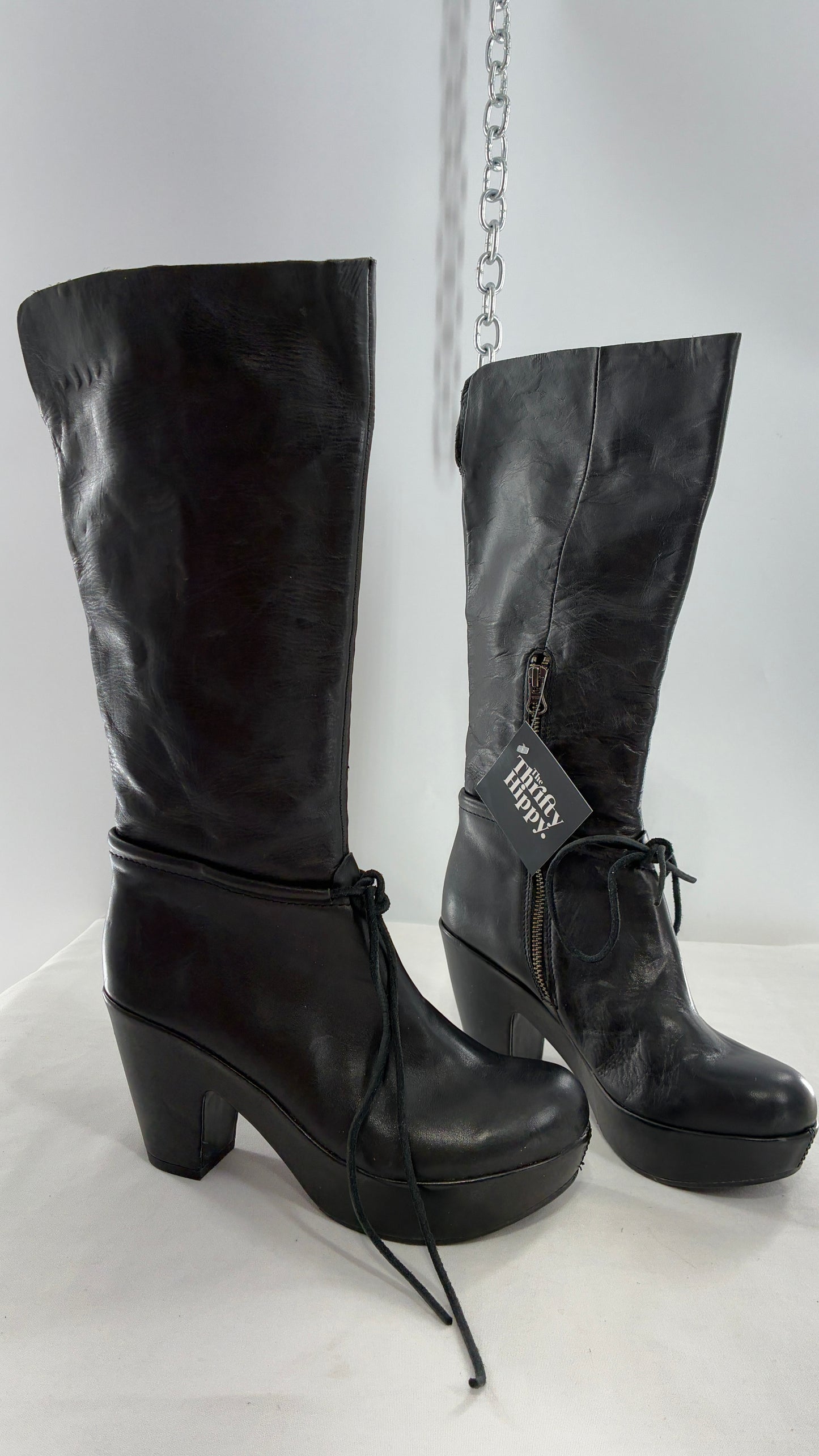 Vintage KORK EASE Black Genuine Leather Platform Clog, Knee High Boots (8/39)