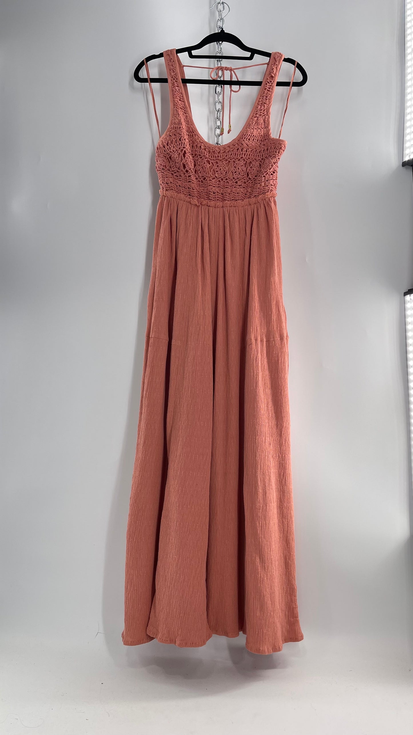 Free People Rose/Peach Pink Wide Leg Jumpsuit with Crochet Bust and Tags Attached (XS)