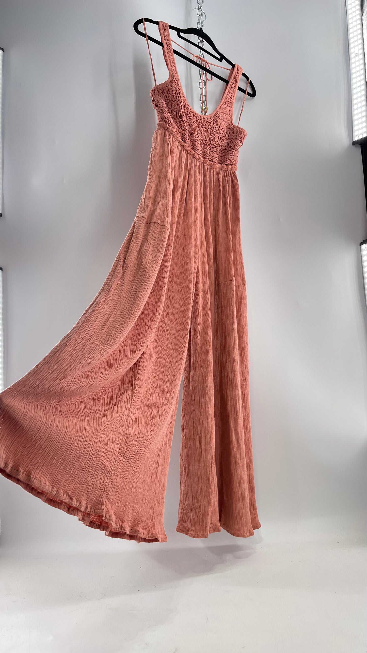 Free People Rose/Peach Pink Wide Leg Jumpsuit with Crochet Bust and Tags Attached (XS)