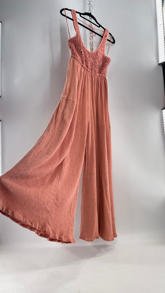 Free People Rose/Peach Pink Wide Leg Jumpsuit with Crochet Bust and Tags Attached (XS)