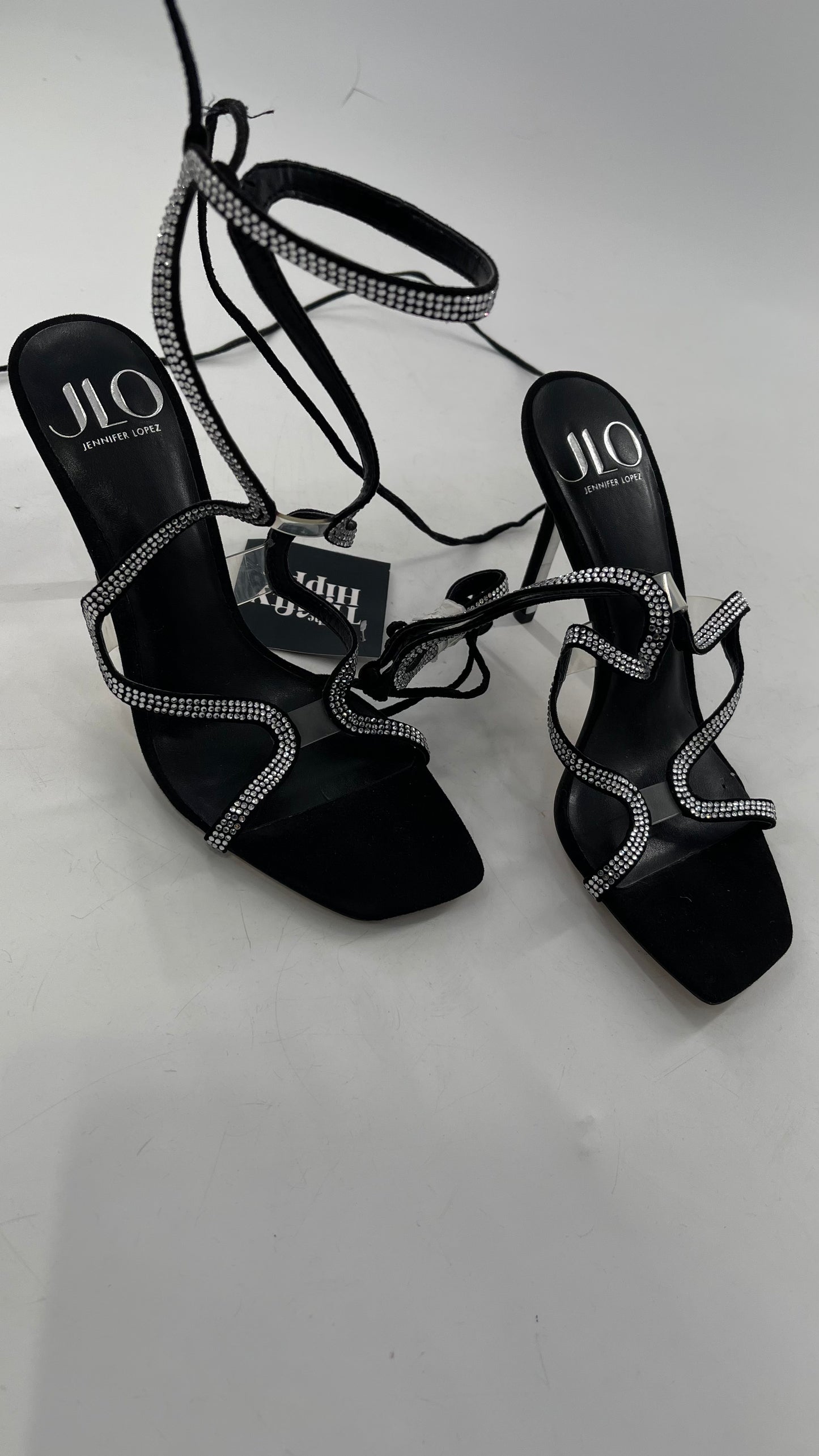 JLO Black Square Toe Rhinestone Wrap Around Tie Up Heel (8)