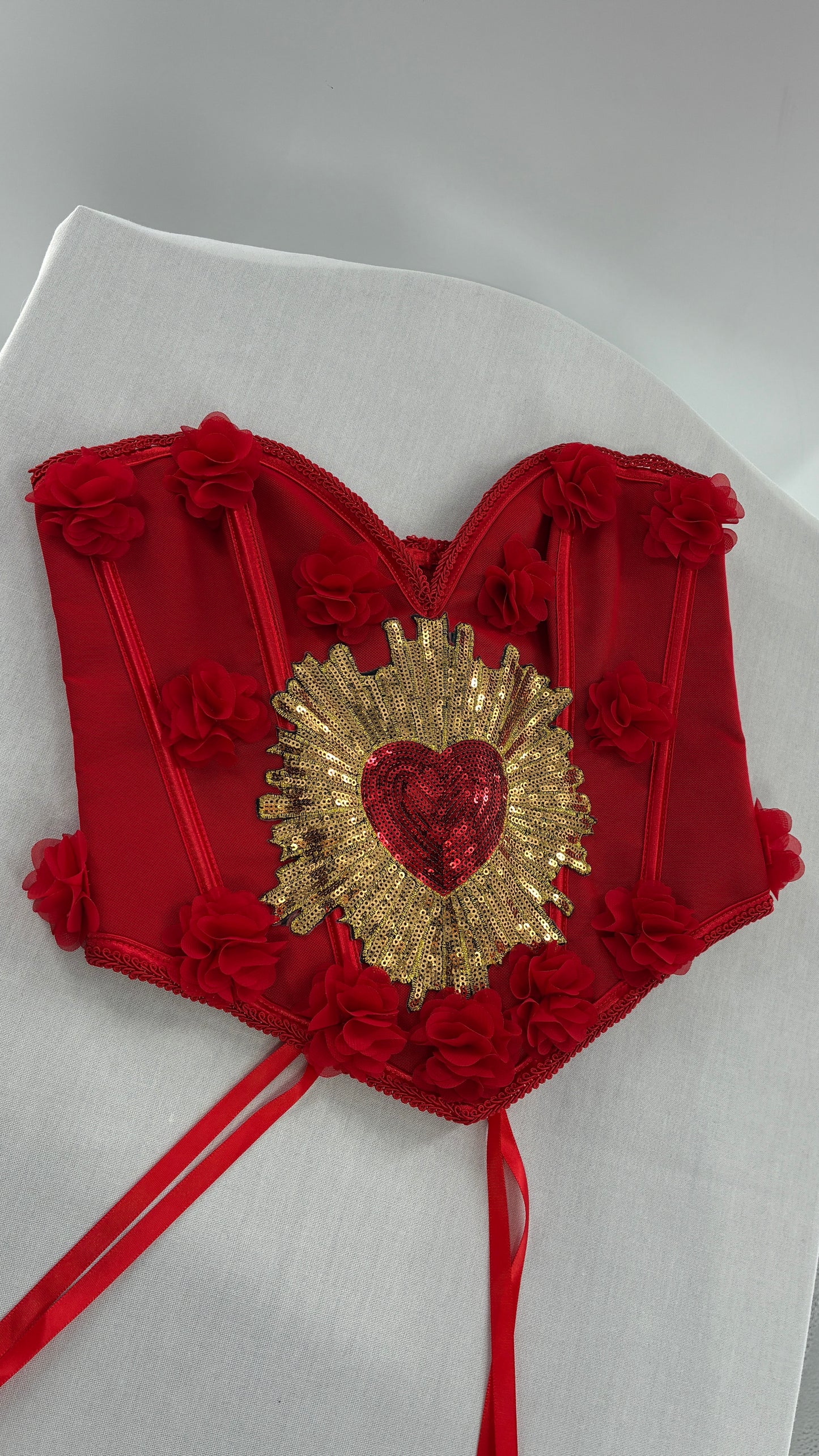 Red Handmade Corset with Rosette Appliqués and Sequin Heart Design (Small)