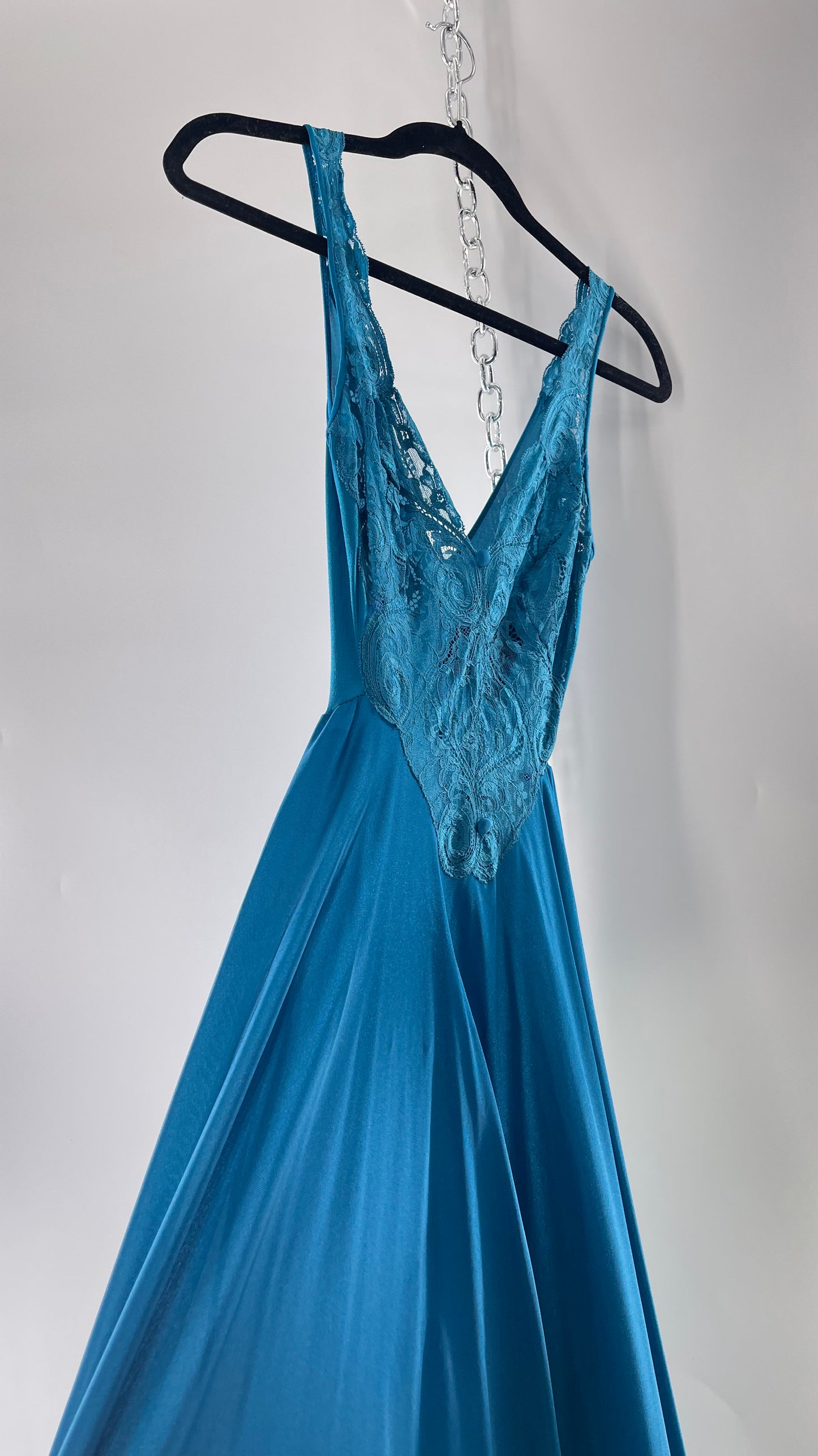 Vintage Olga Intimates Floor Length Voluminous Blue Jewel Toned Maxi Dress/Night Gown with Lace Bust (Small)
