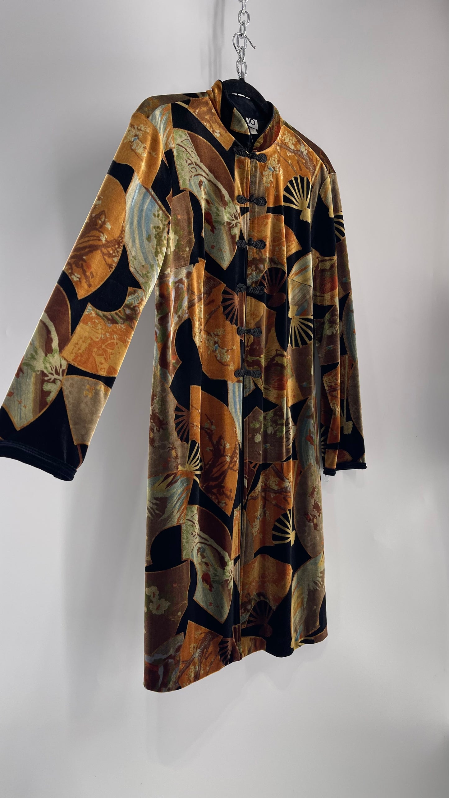 Vintage CLIO 1990s Black Velvet/Velour Fan Patterned Duster Coat (Medium)