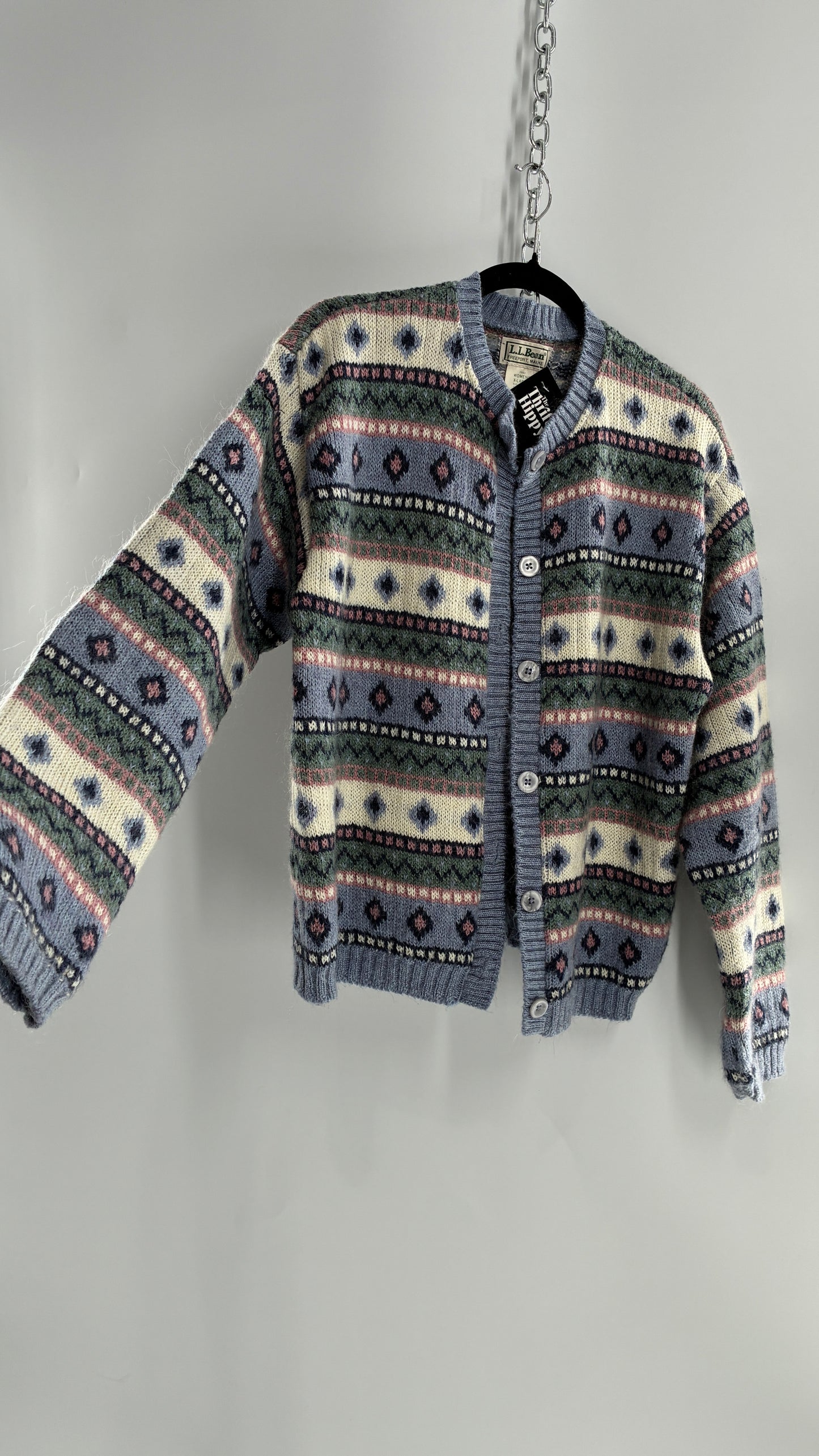 Vintage LL Bean 25% Mohair Striped Knit Blue Green Pink Cardigan (XL)