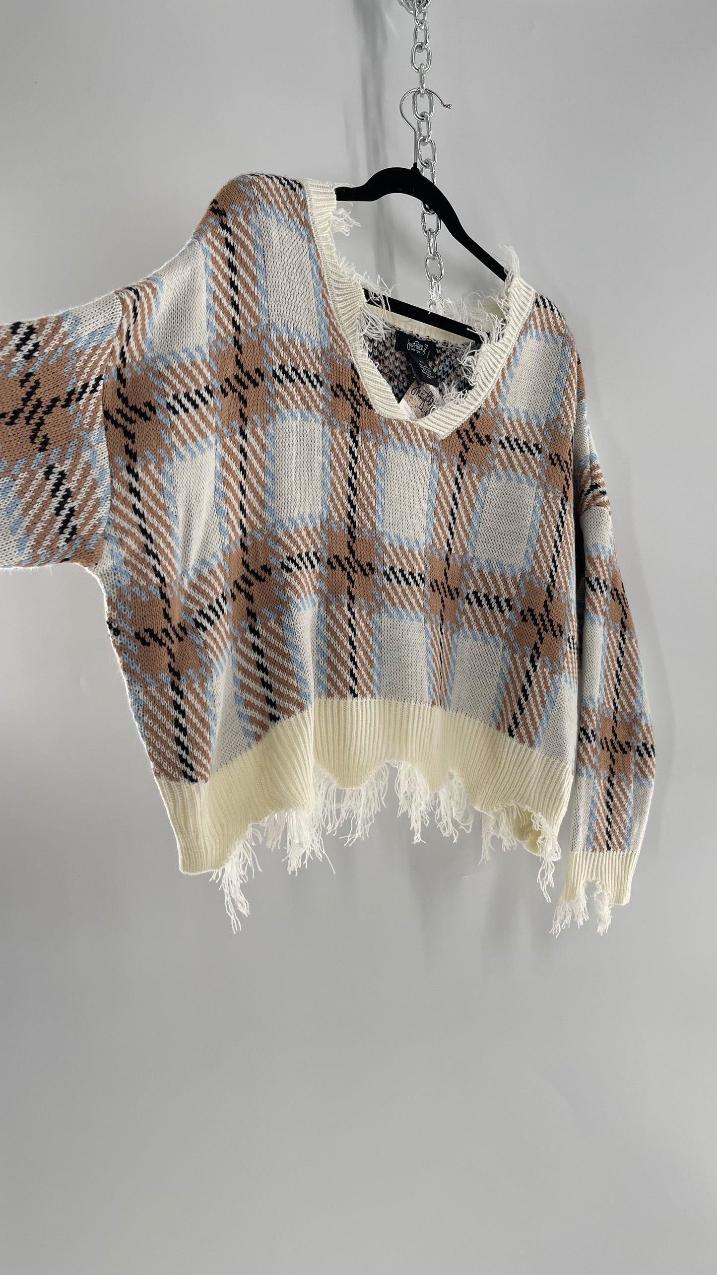Fashion Nova Plaid Powder Blue/Tan Distressed Sweater
