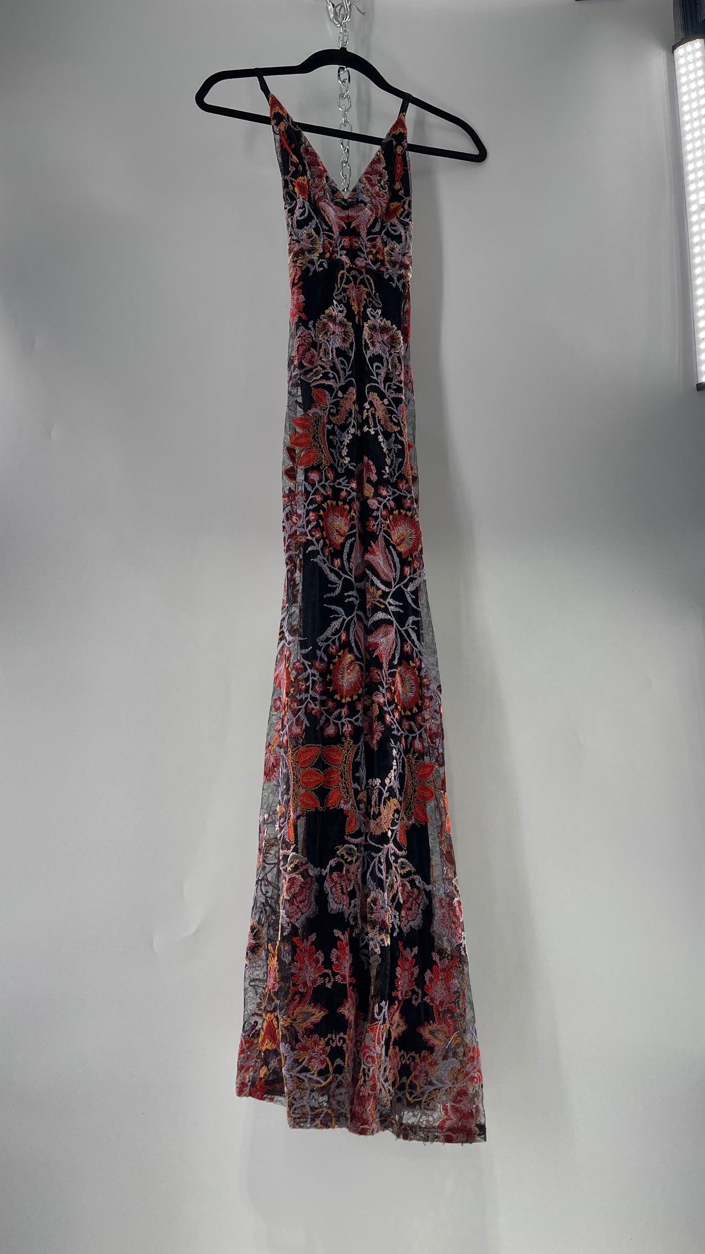 Free People Black Fall Toned Floral Embroidered Tule Sleeveless Maxi Dress (2)