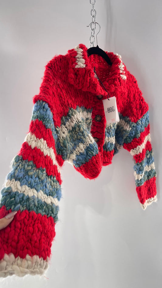 BDG Urban Outfitters Thick Knit Red White Blue Chunky Cropped Striped Cardigan (XS)
