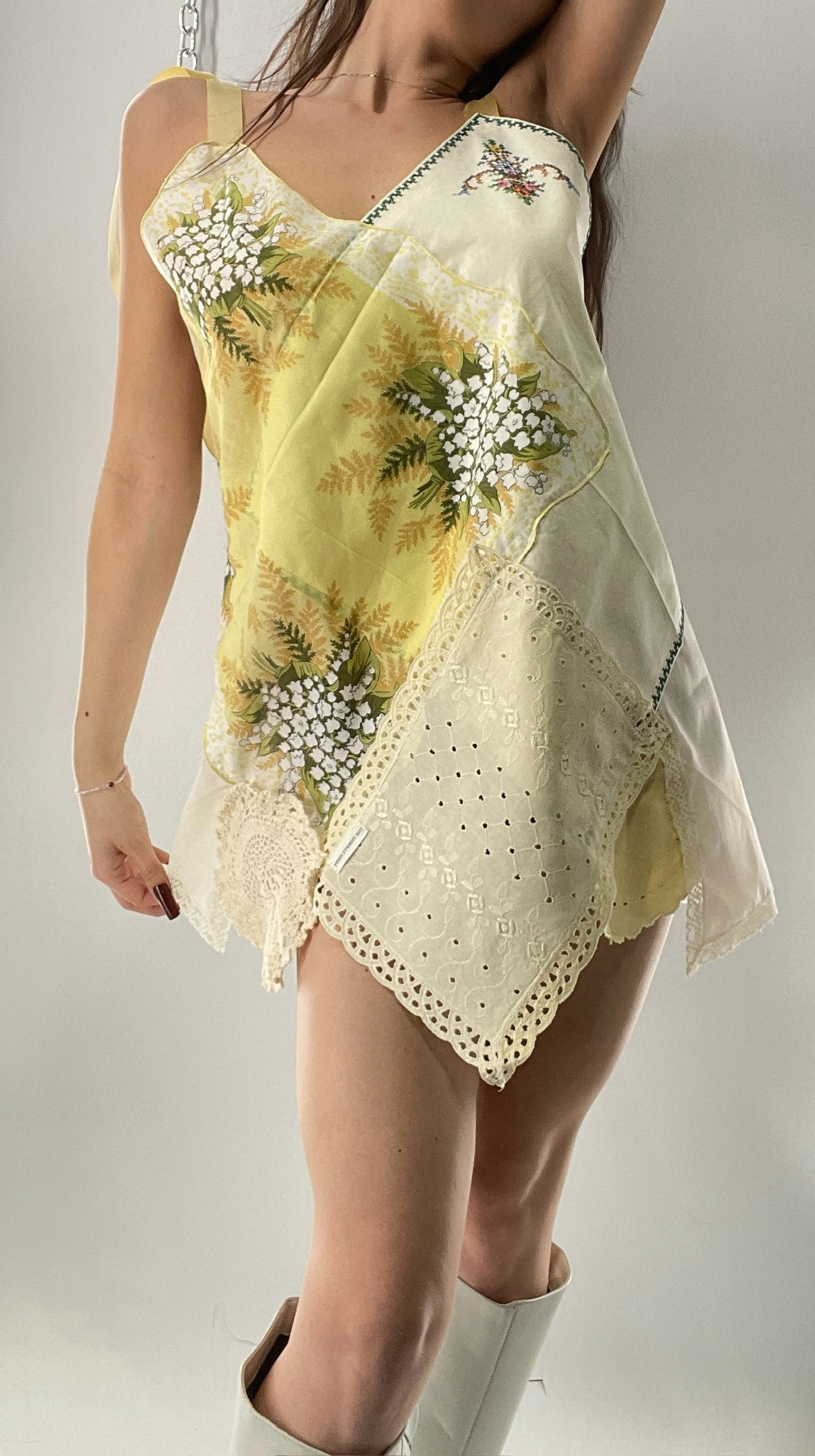 Vintage Handmade Handkerchief Mini Dress with Adjustable Ribbon Straps (XS-L)