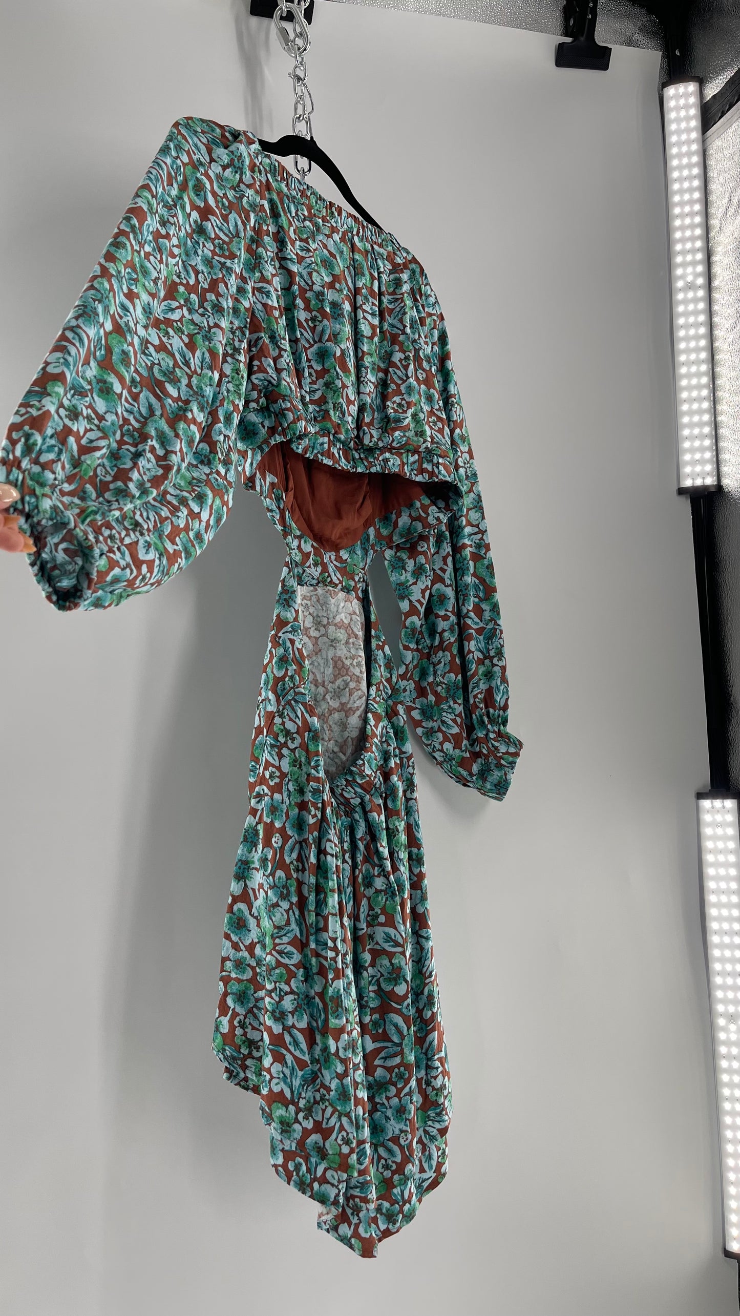 Free People Brown Cut Out Milkmaid Mini with Blue Florals (Medium)