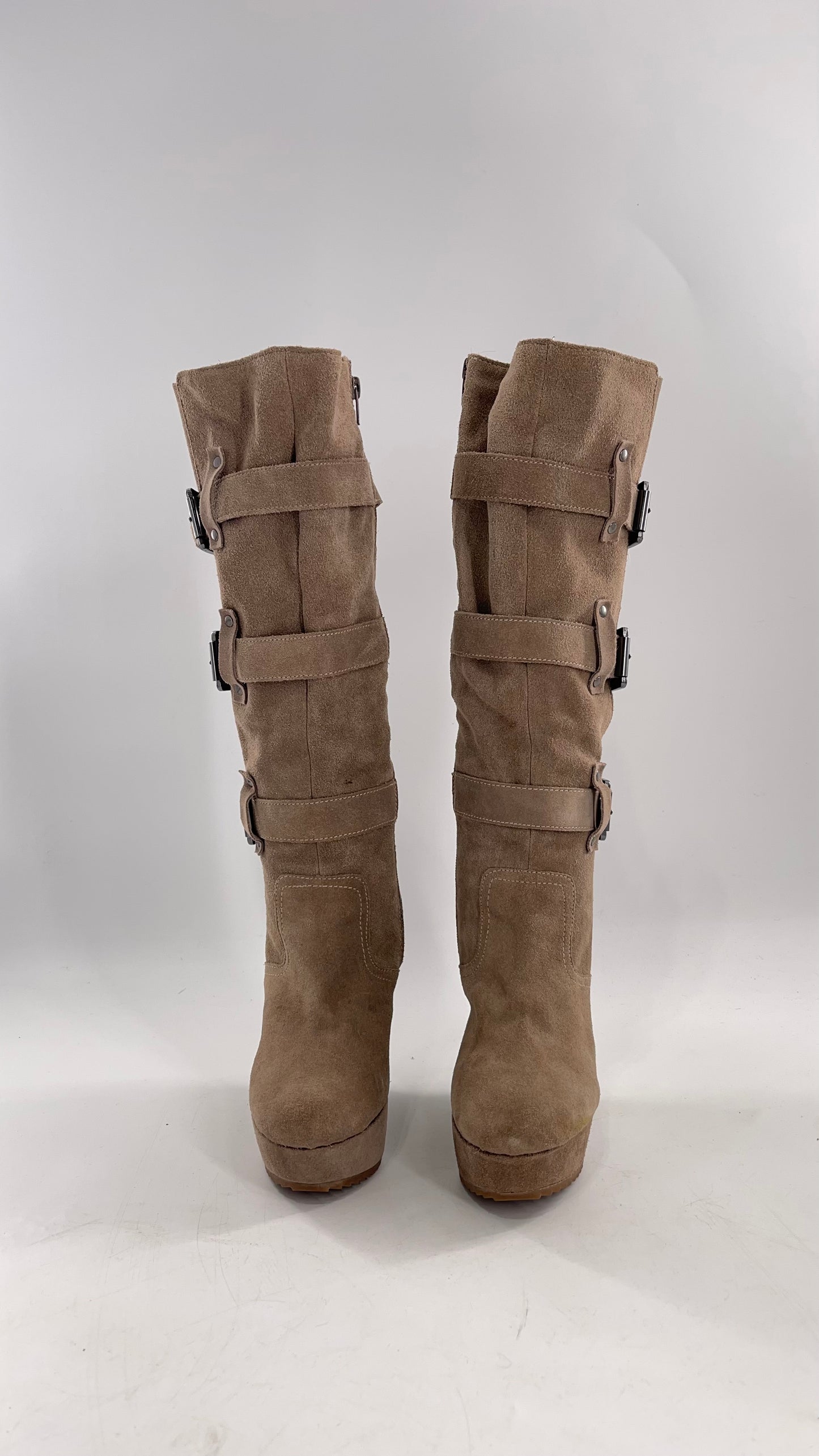 Vintage Bakers Genuine Suede Leather Gray/Tan Wedge Platform Knee High Boots with Gun Metal Buckles (6)