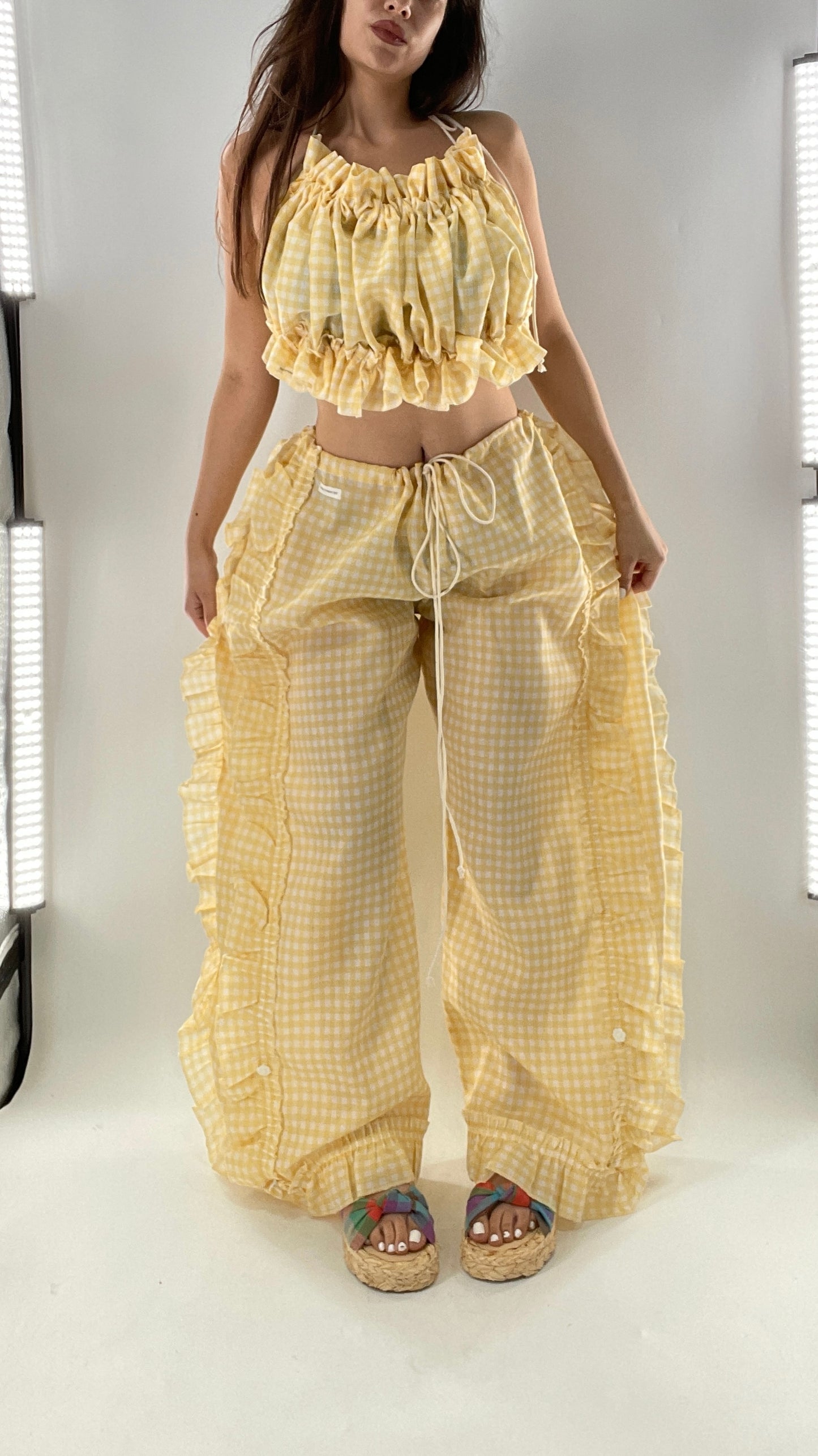 Vintage 2 Piece Yellow Checkered/Gingham Patterned Picnic Set with Ruched Bust Top and Ruffle Side Wide Legs with Adjustable Length, Strap Up Buttons on Hem (One Size)