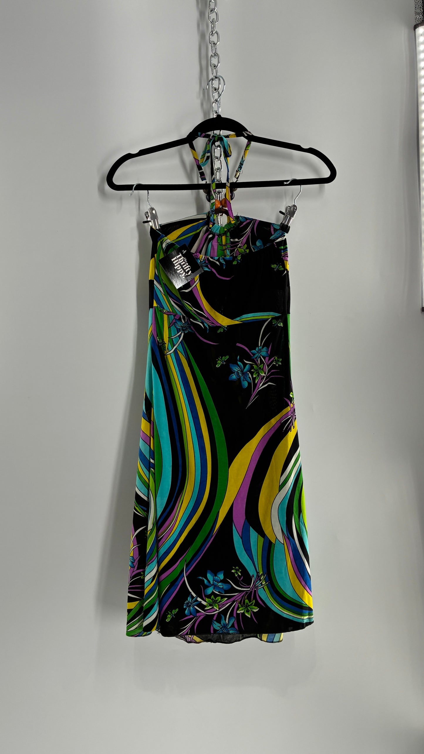 Vintage 1990s Halter Contrast Swirl Dress with Beaded Choker and Built in Bust Padding (Small)