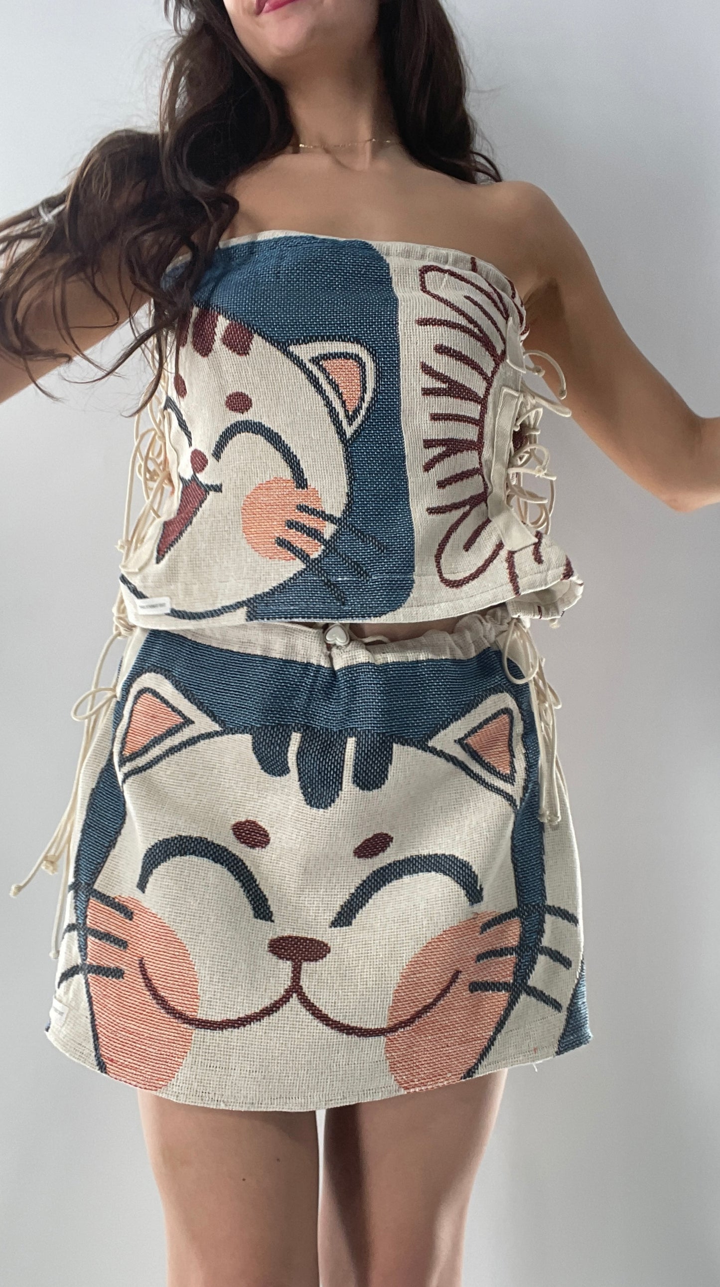 Vintage Tapestry Kitty 2pc Set with Adjustable Corseted Top and Adjustable Corseted Micro Skirt (S-L)
