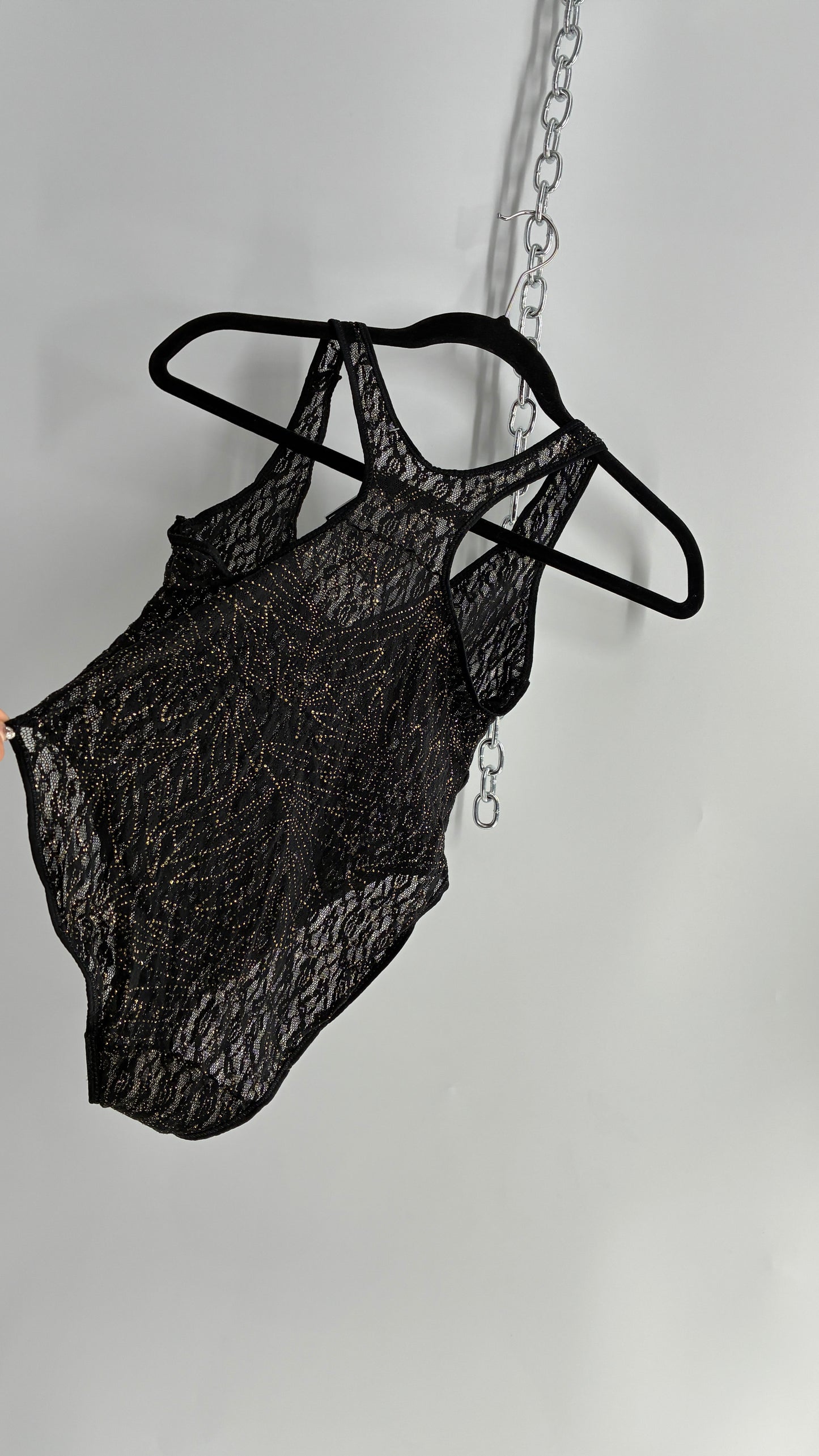 Vintage 1990s Sheer Black Bodysuit with Gold Glitter Foliage Pattern (Large)