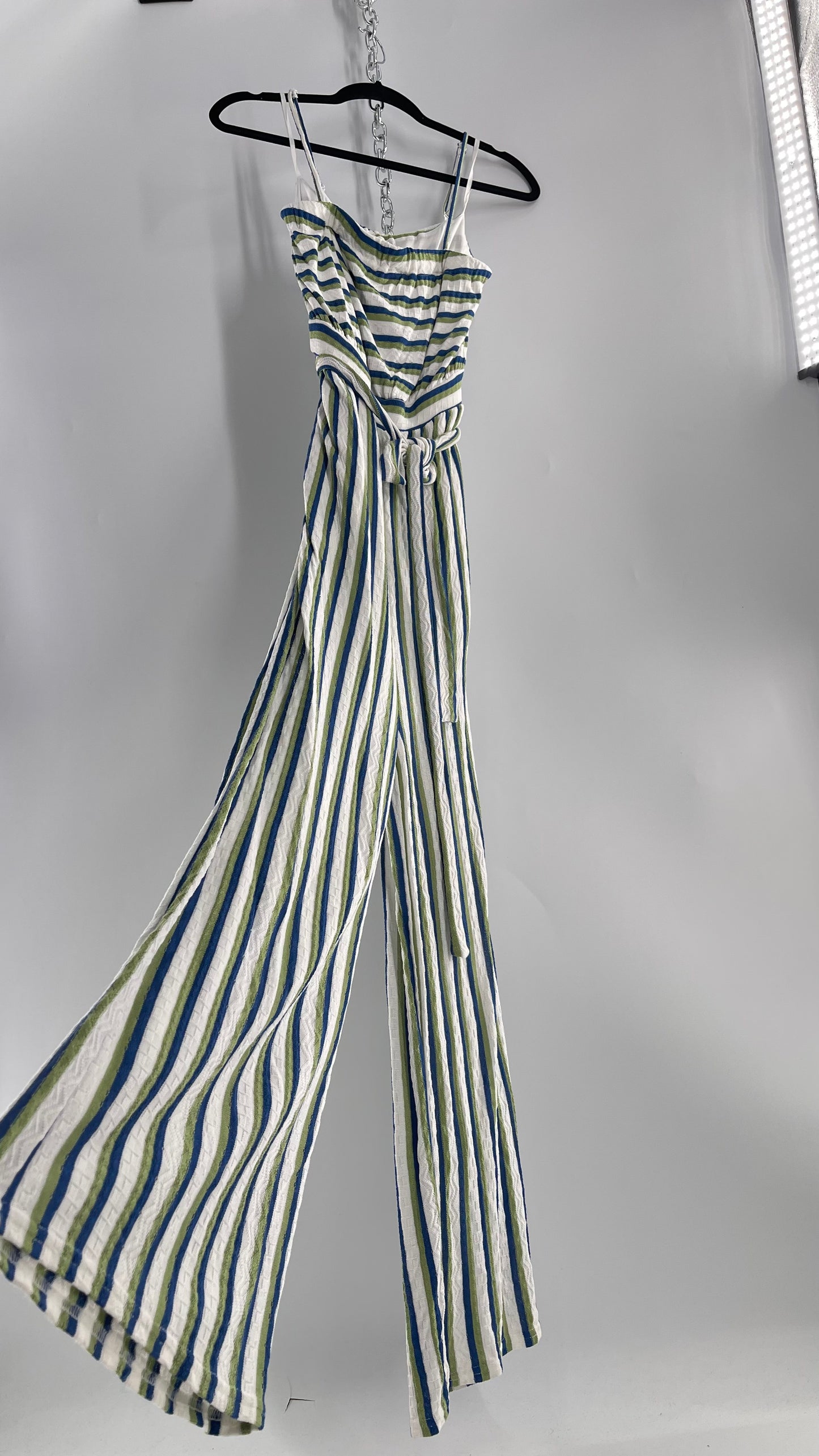 Maeve Anthropologie Woven Green/Blue/White Wide Leg Jumpsuit (Small)