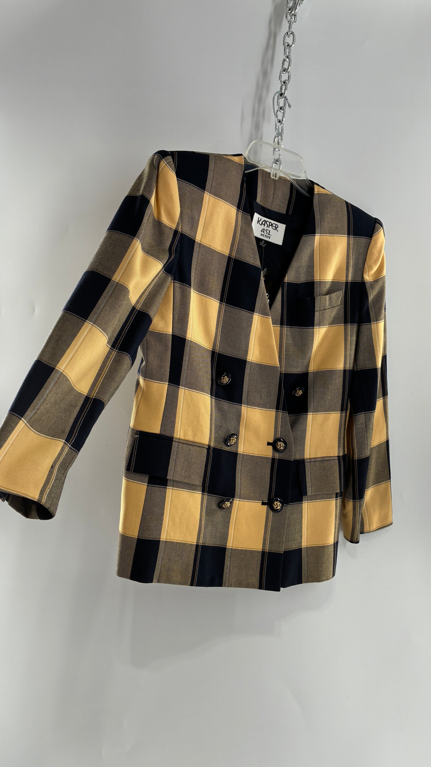 Vintage Suit Set with Yellow Plaid Double Breasted KASPER A.S.L Blazer and Upcycled Wool Mini Skirt (6)