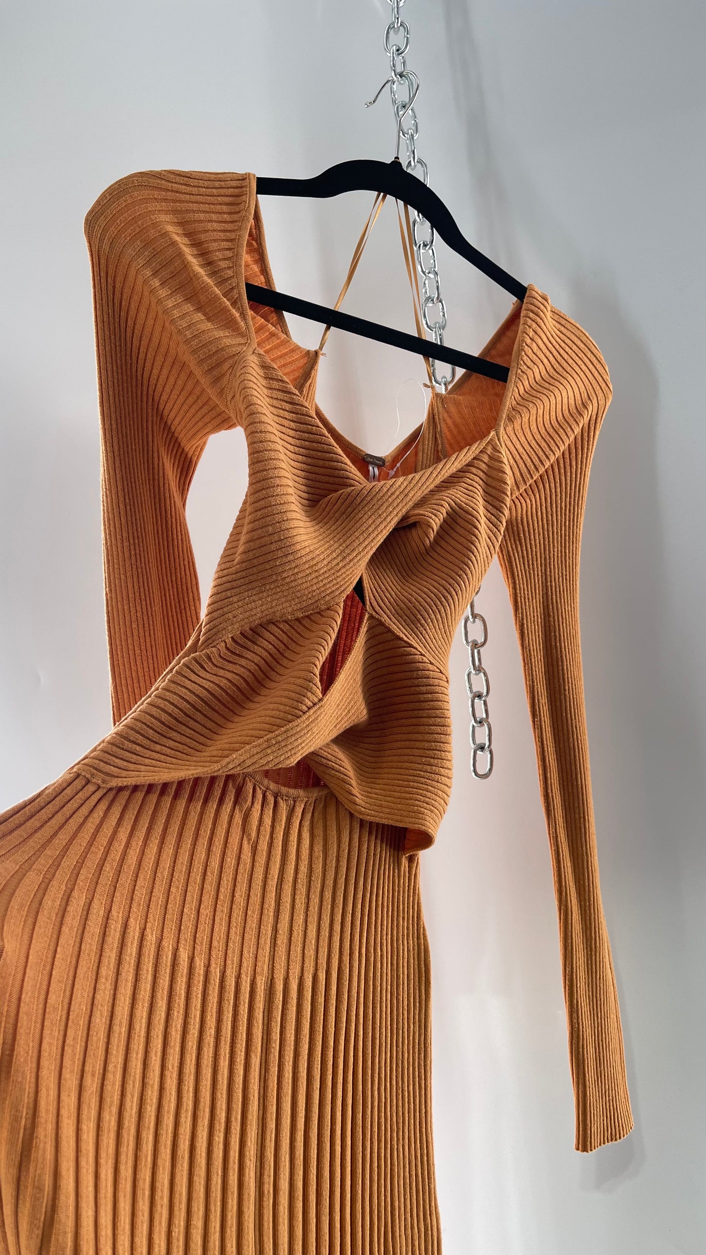 Free People Orange Ribbed Knit Maxi Dress with Cross Over Exposed Midriff Dress (Medium)