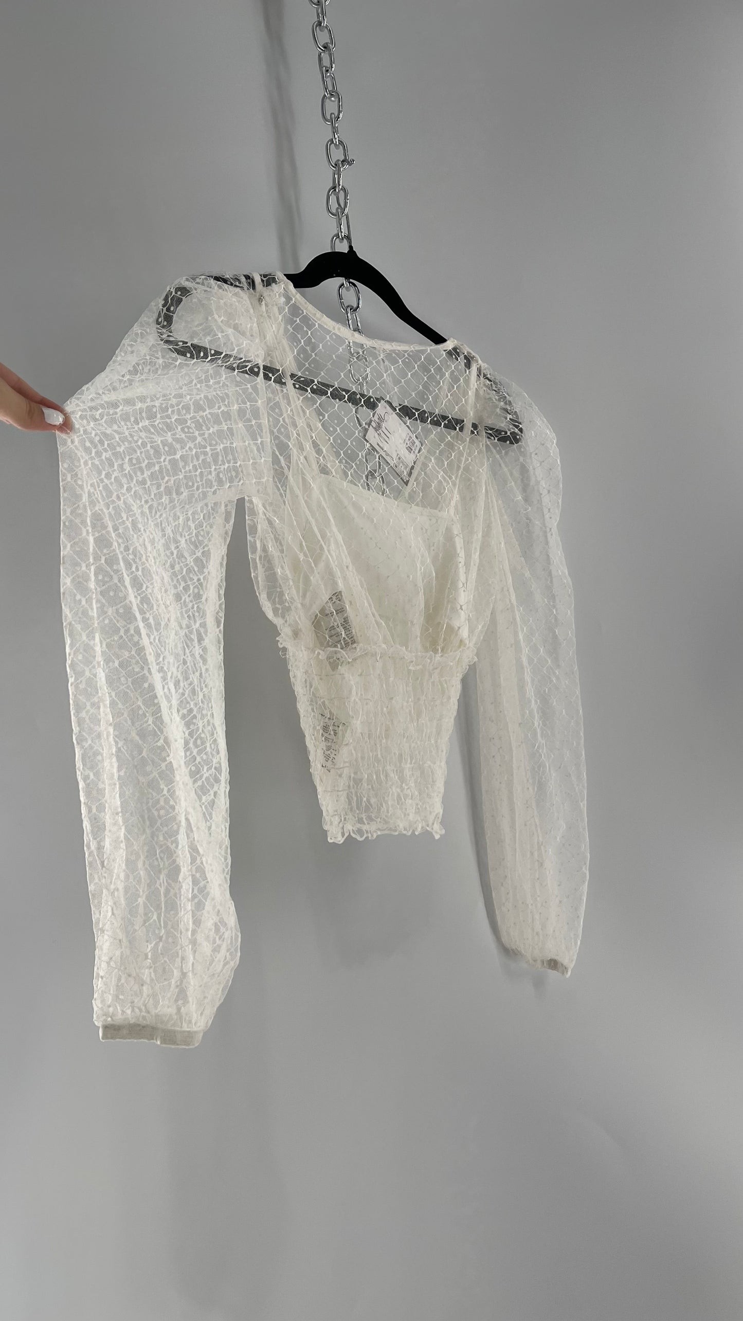 Free People White Embroidered Mesh Blouse with Keyhole Back and Balloon Sleeves (XS)