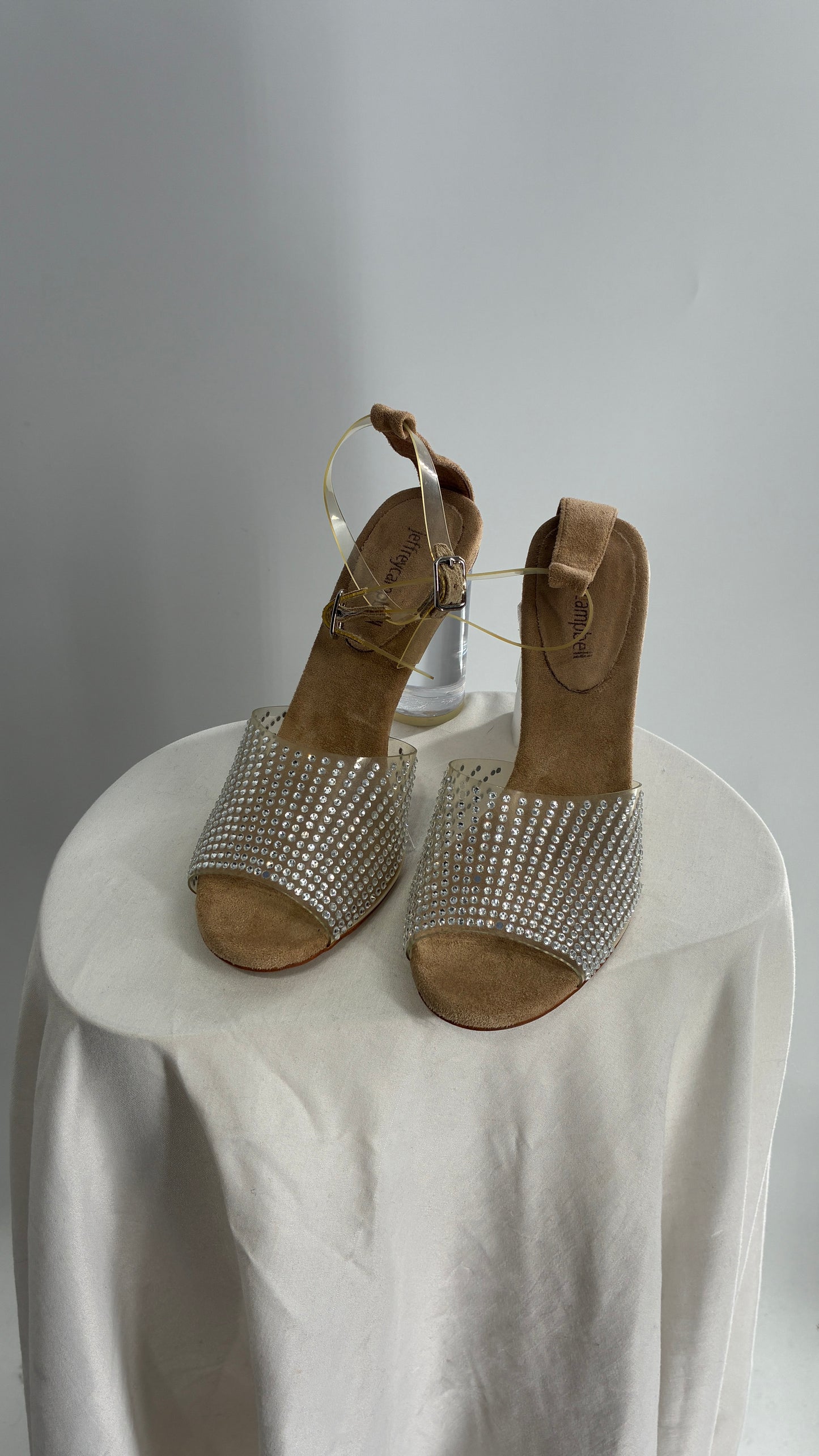 JEFFREY CAMPBELL Lucite Heel Suede Sole, Clear Strap Rhinestone Heel (8)