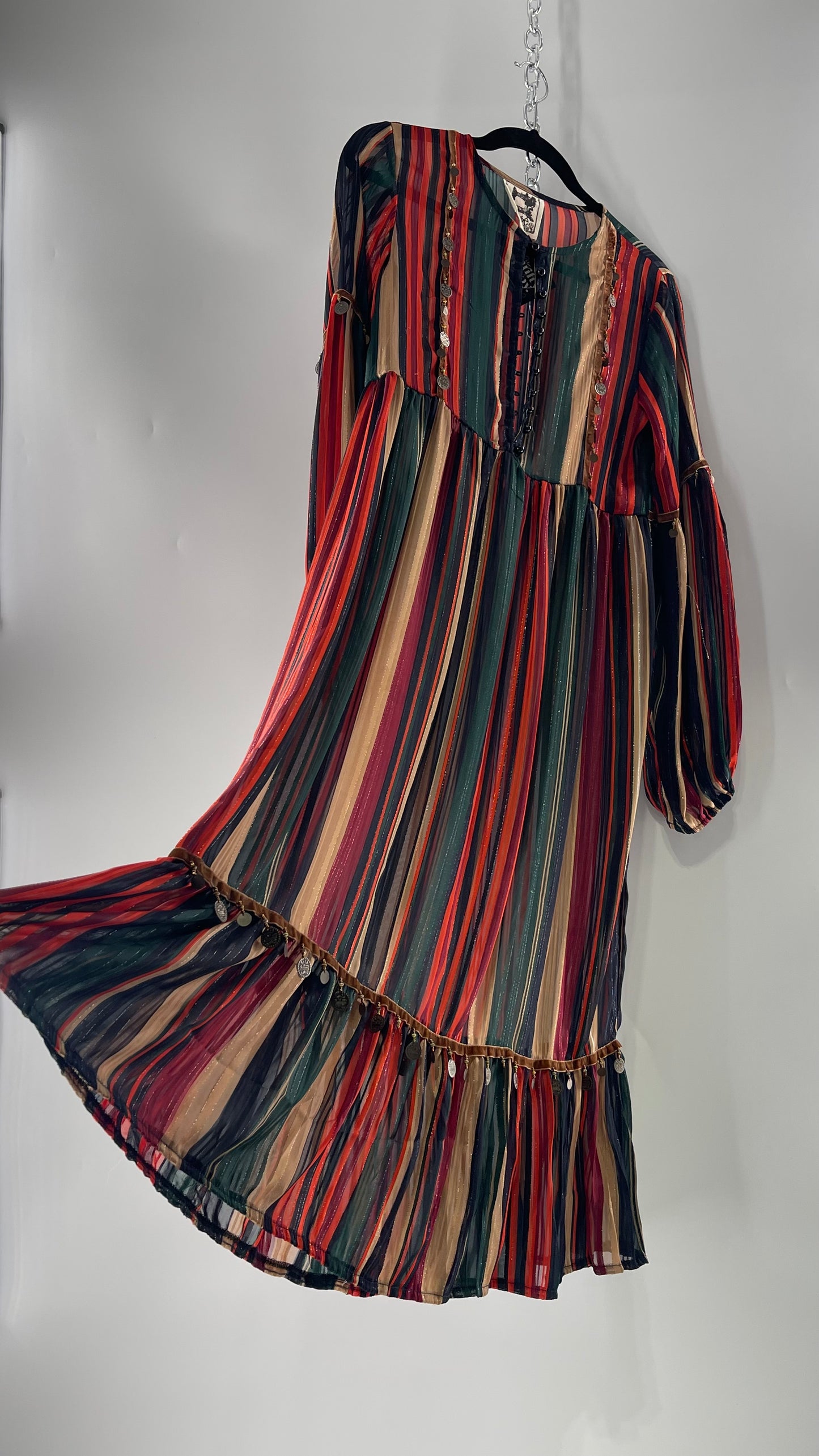 JAASE Striped MIDI Dress with Ruffled Hem, Coin Detailing, Dramatic Button Front Dress (XS)