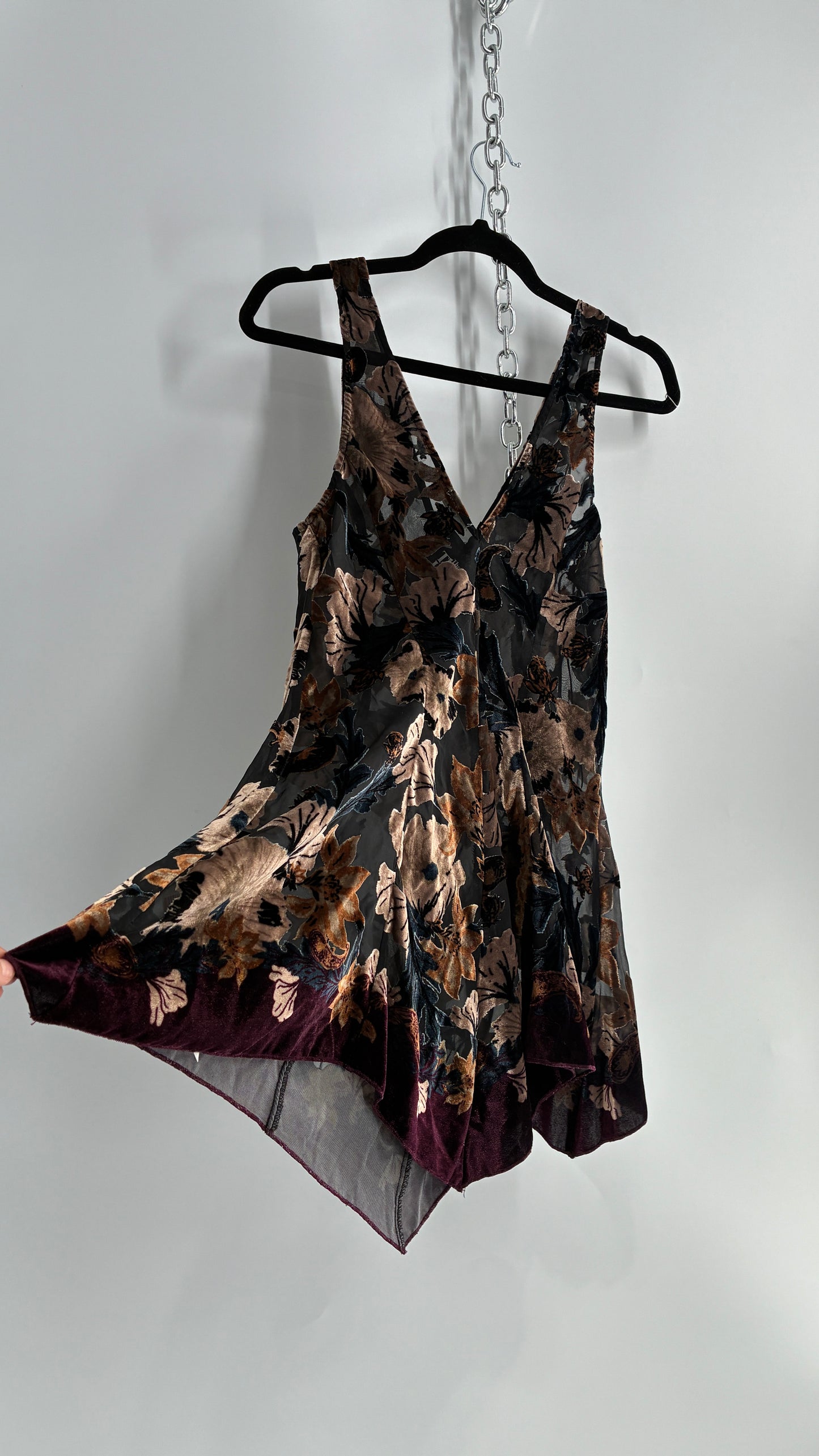 Free People Burn Out Velvet Mini Dress with Handkerchief Hem (XS)