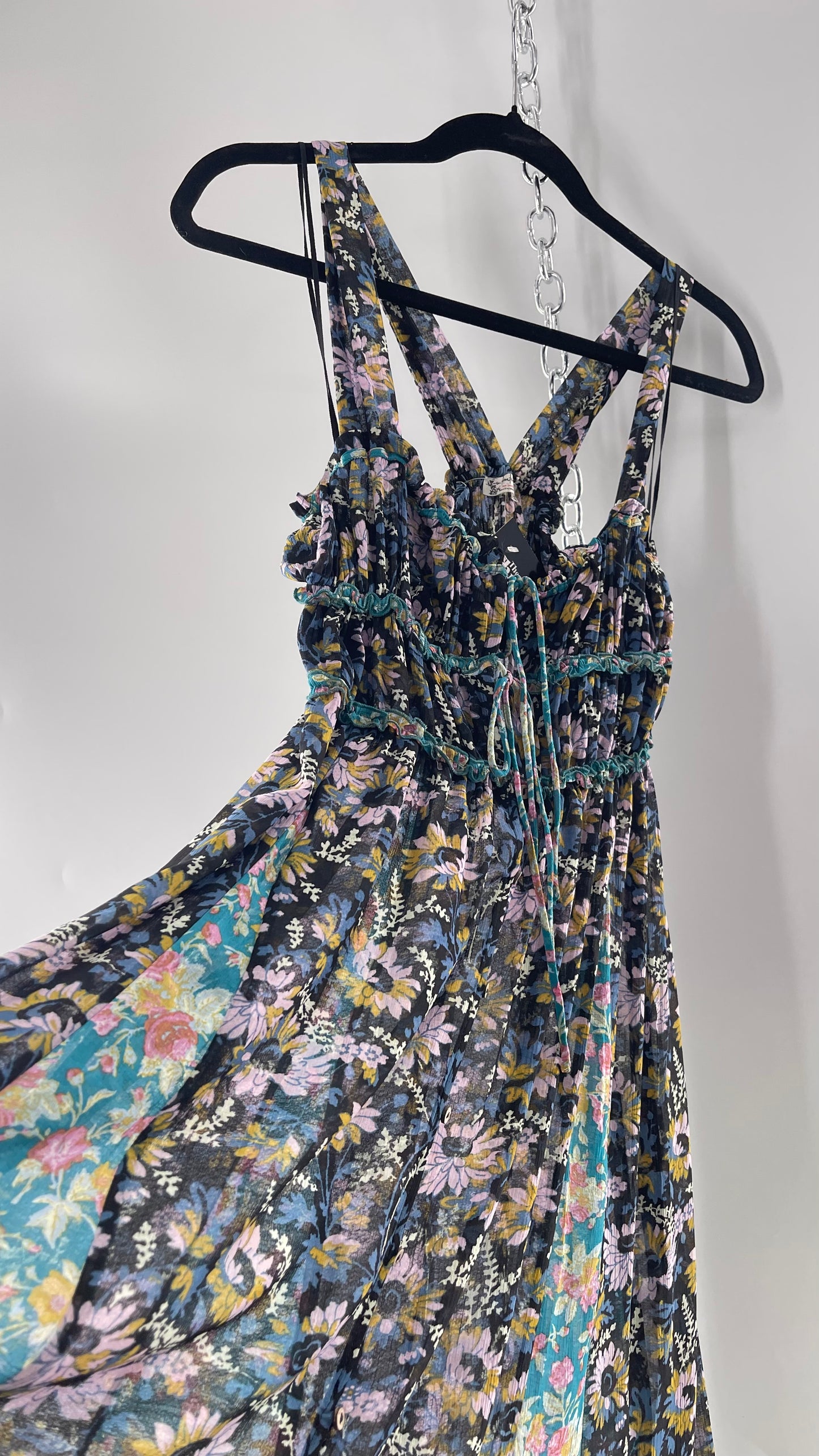 Intimately Free People Black and Teal Mixed Pattern Floral Maxi Dress with Tags Attached (XS)