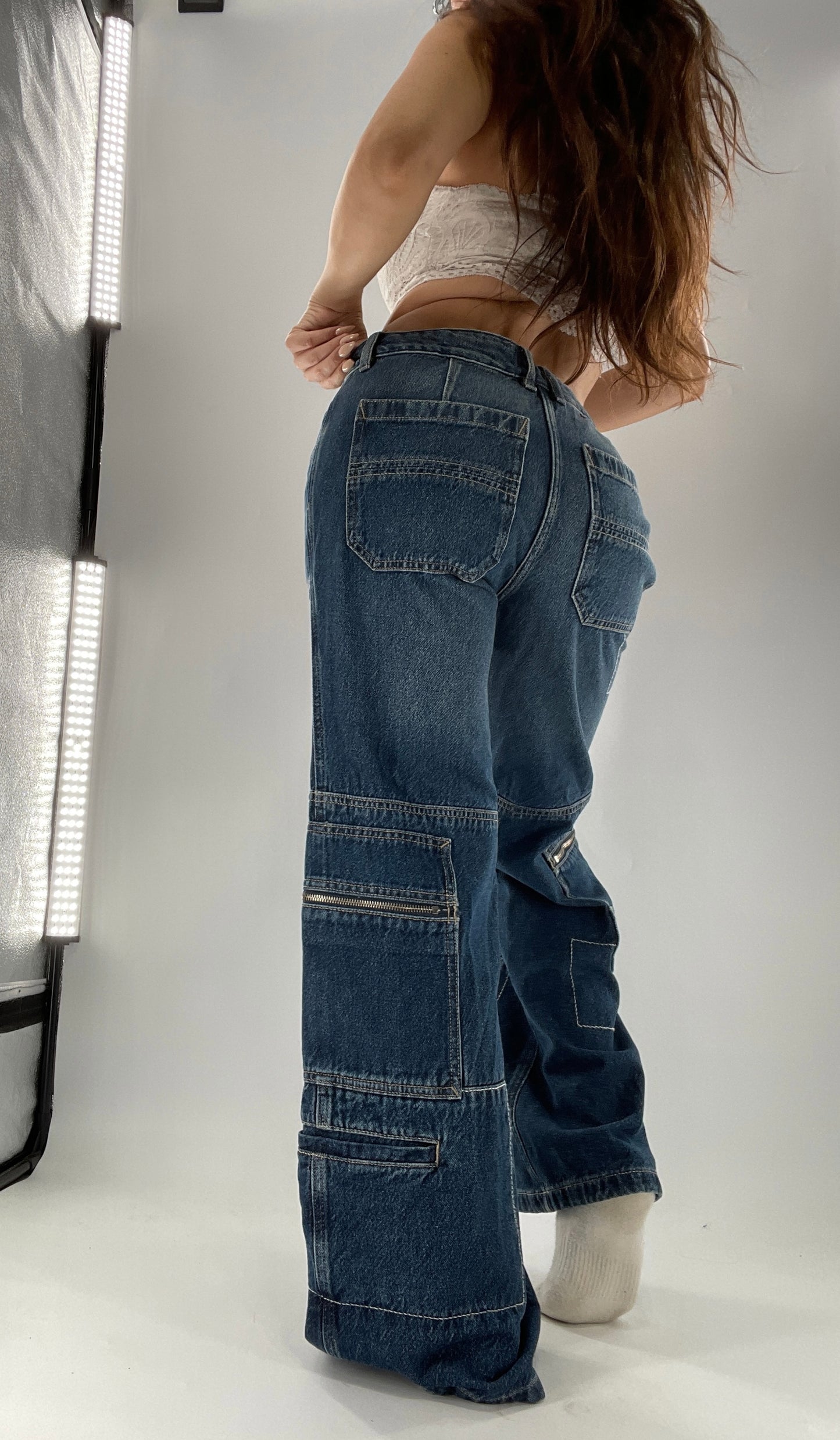 Free People Medium Wash Baggy Straight Legs Jeans Covered in Zippers, Pockets, Stitching (28)