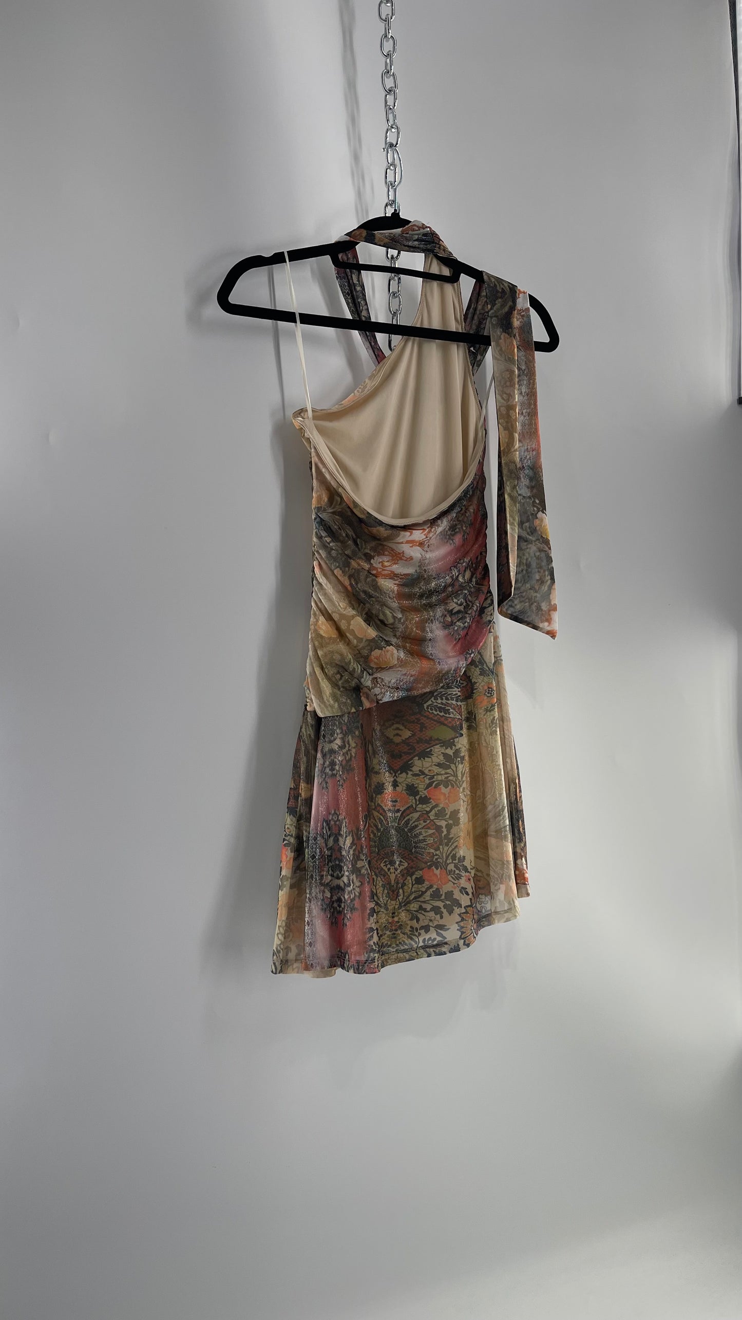 Urban Outfitters All Over 90s Tattoo Graphic Neck Tie Mini Dress with Asymmetric Hem (Medium)