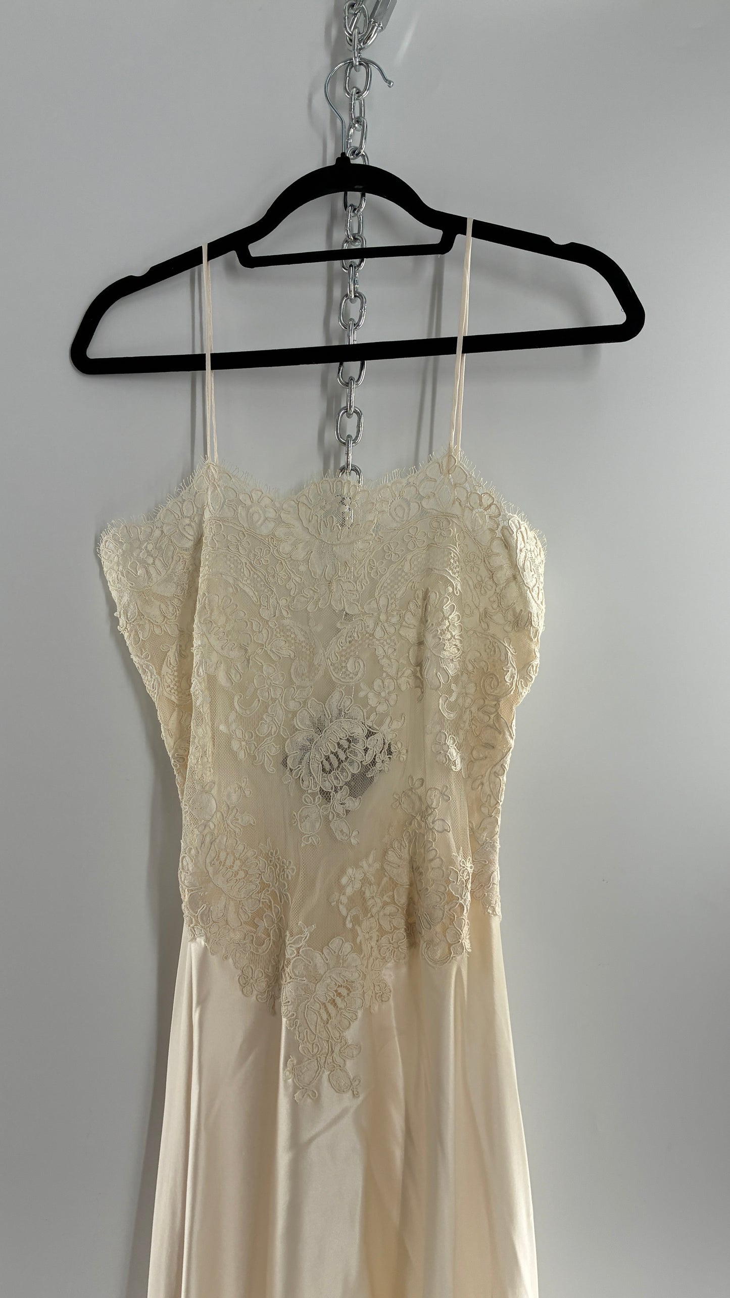 Vintage JONQUIL 100% Silk Gown with Heavy Lace Appliqués and Low Cut Sheer Back (Medium)