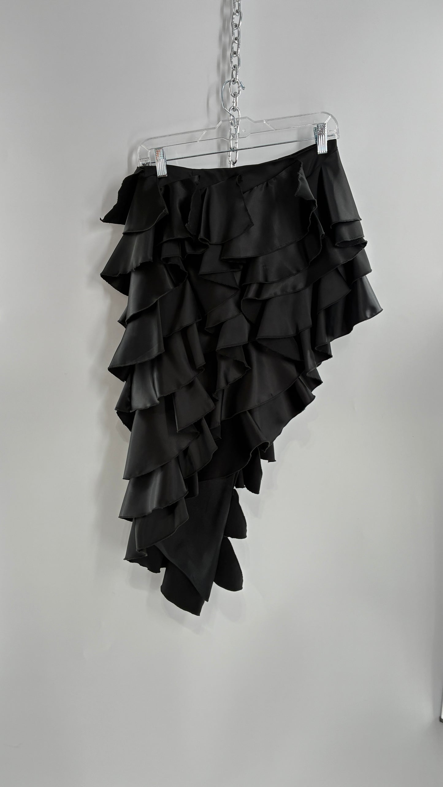 Deadstock Rare 1990s Vintage FRILLY LILLY Black Ruffled Asymmetric Skirt (8)