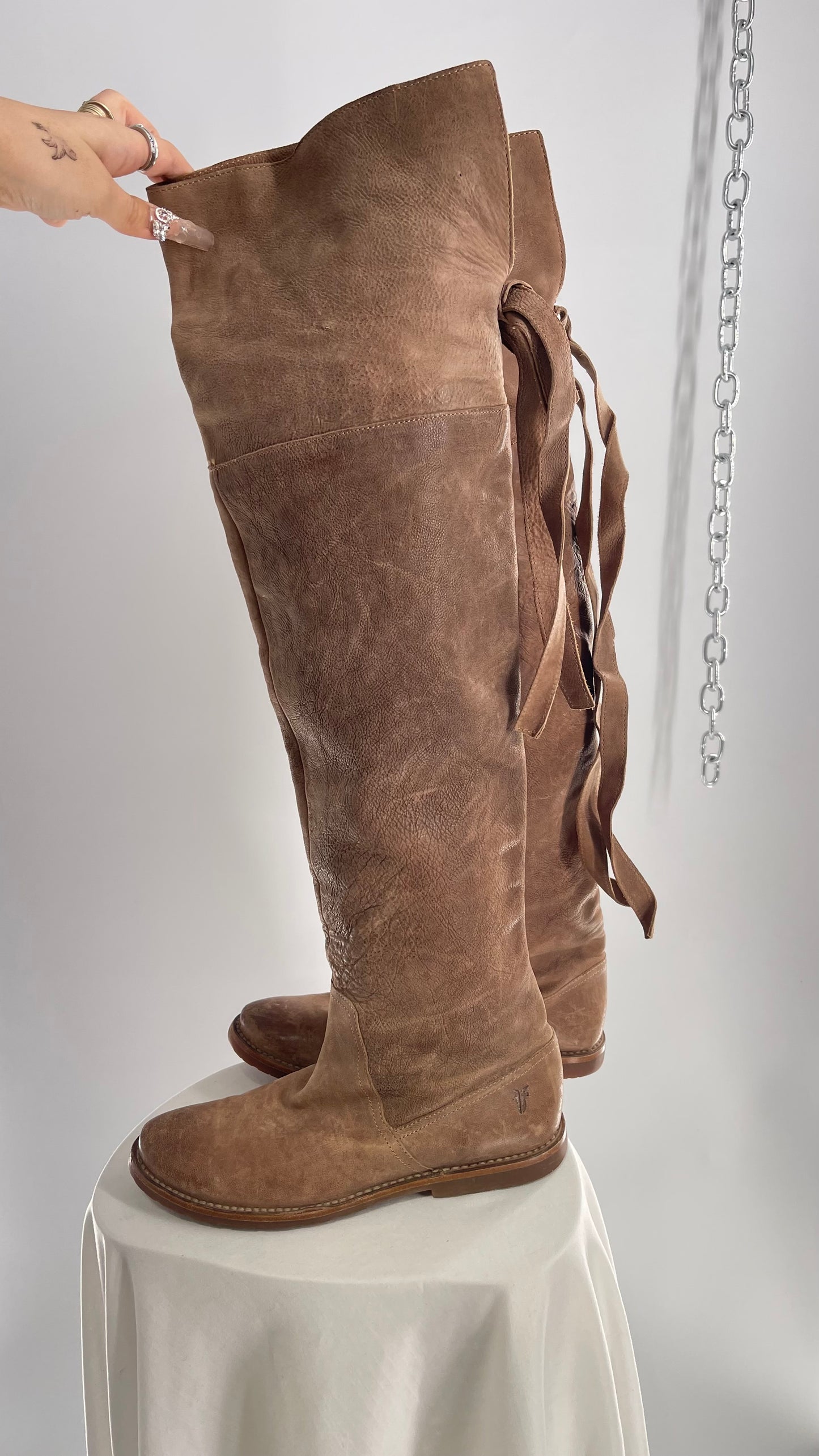 Frye Taupe Leather Over the Knee Fold Over Celia Boots (8)