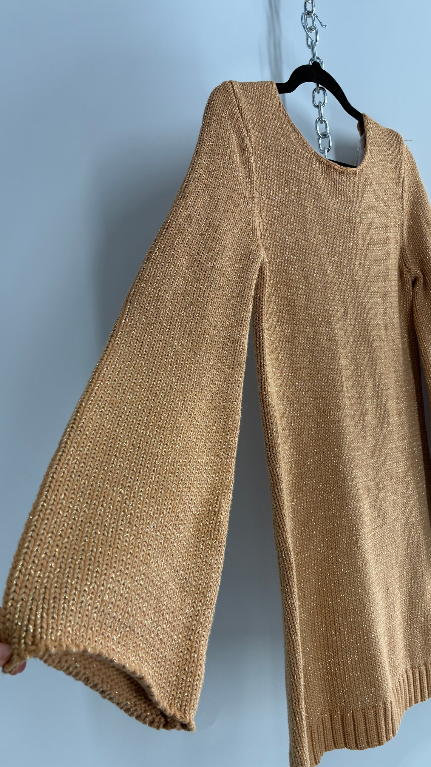 Some Days Lovin Gold Tinsel Knit Bell Sleeve Mini Dress (Small)