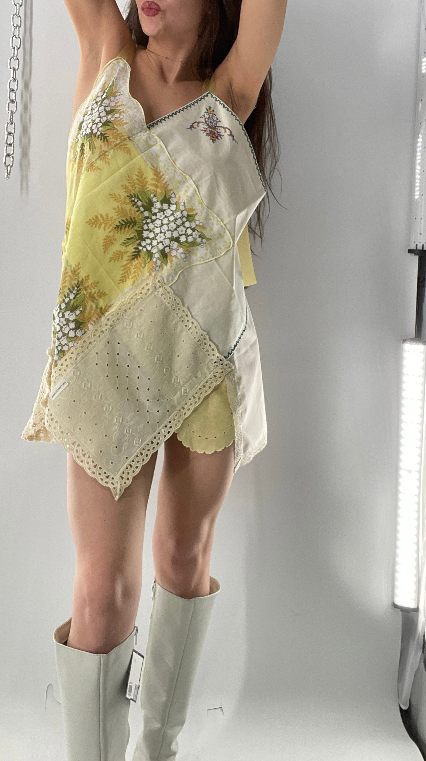 Vintage Handmade Handkerchief Mini Dress with Adjustable Ribbon Straps (XS-L)