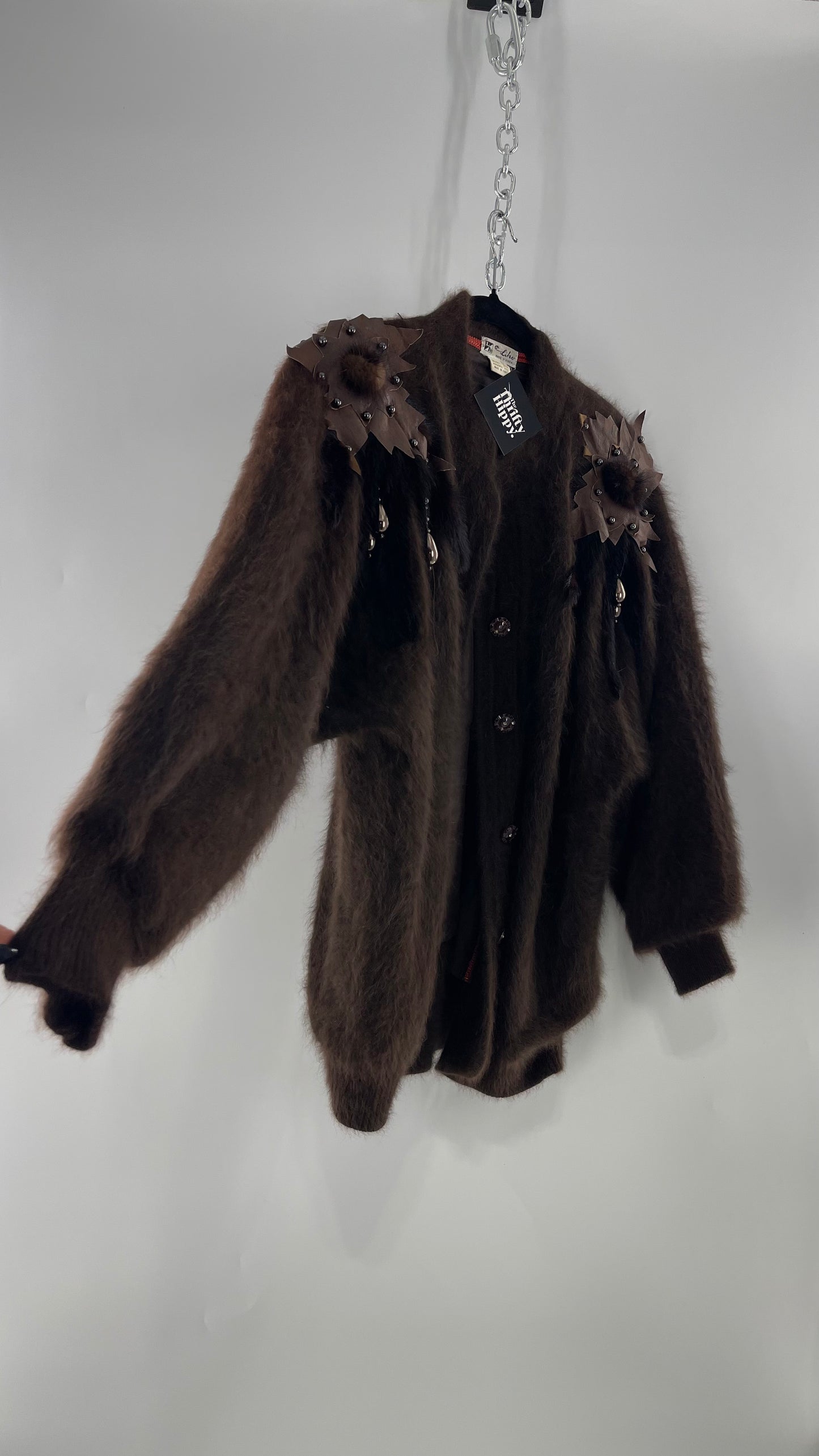 Liho Korean Vintage Brown Cardigan with Leather, Fur and Beaded Detailing 15% Wool 75% Angora  (C)(Medium)