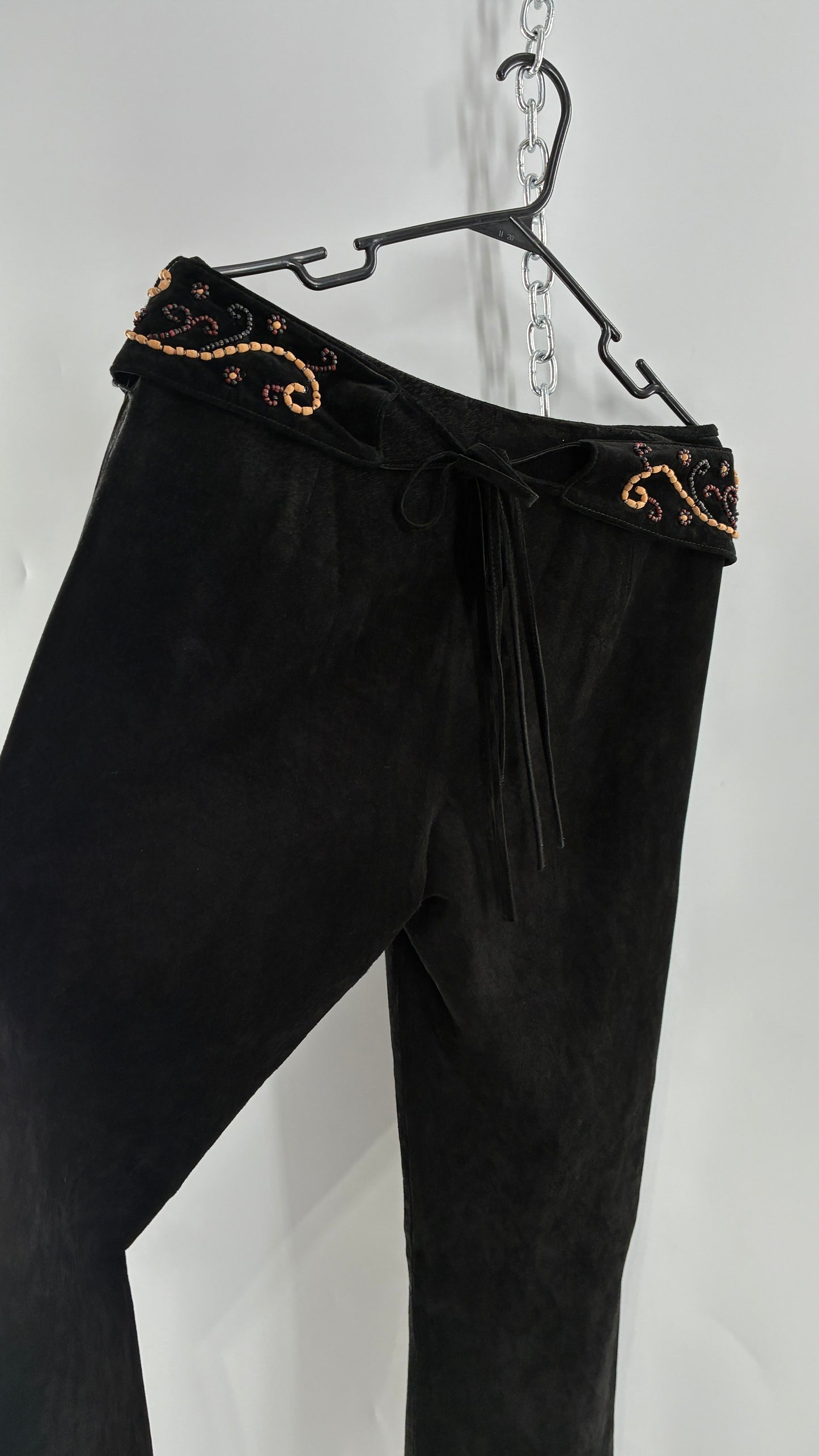 Vintage Margaret Godfrey Black Genuine Suede Leather Kick Flares with Wide Beaded Belt (10)